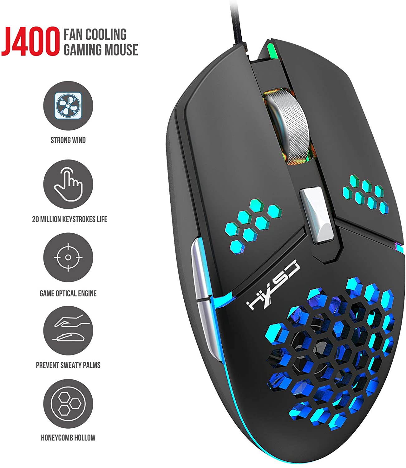 Gaming Mouse USB Wired, Programmable Fan Cooling Gaming Mice, Ultra-Lightweight Unique Design, Hexagonal Honeycomb Shell Design, Cool RGB Lighting, 6 Buttons, up to 8000 DPI (Black)
