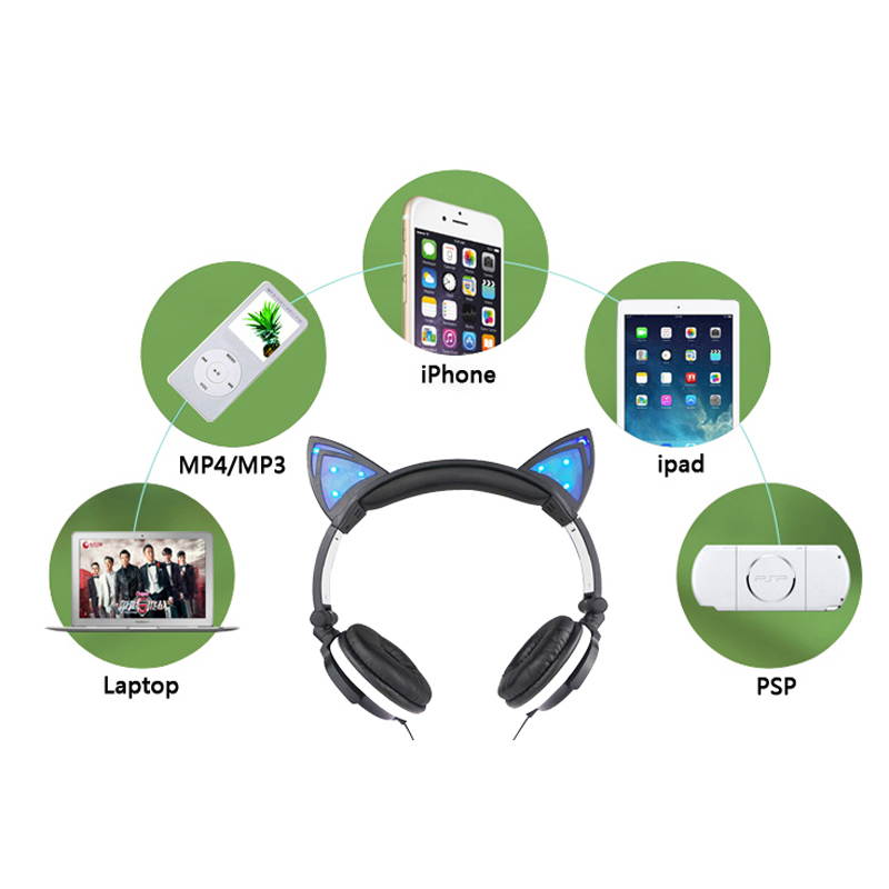 LED Light Gaming Headphones with Cat Ears Shape for PC Computer and Mobile Phone