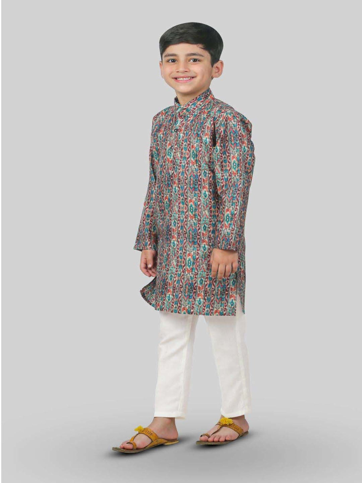 Ahhaaaa Kids Blue & White Cotton Handloom Full Sleeves Kurta Set