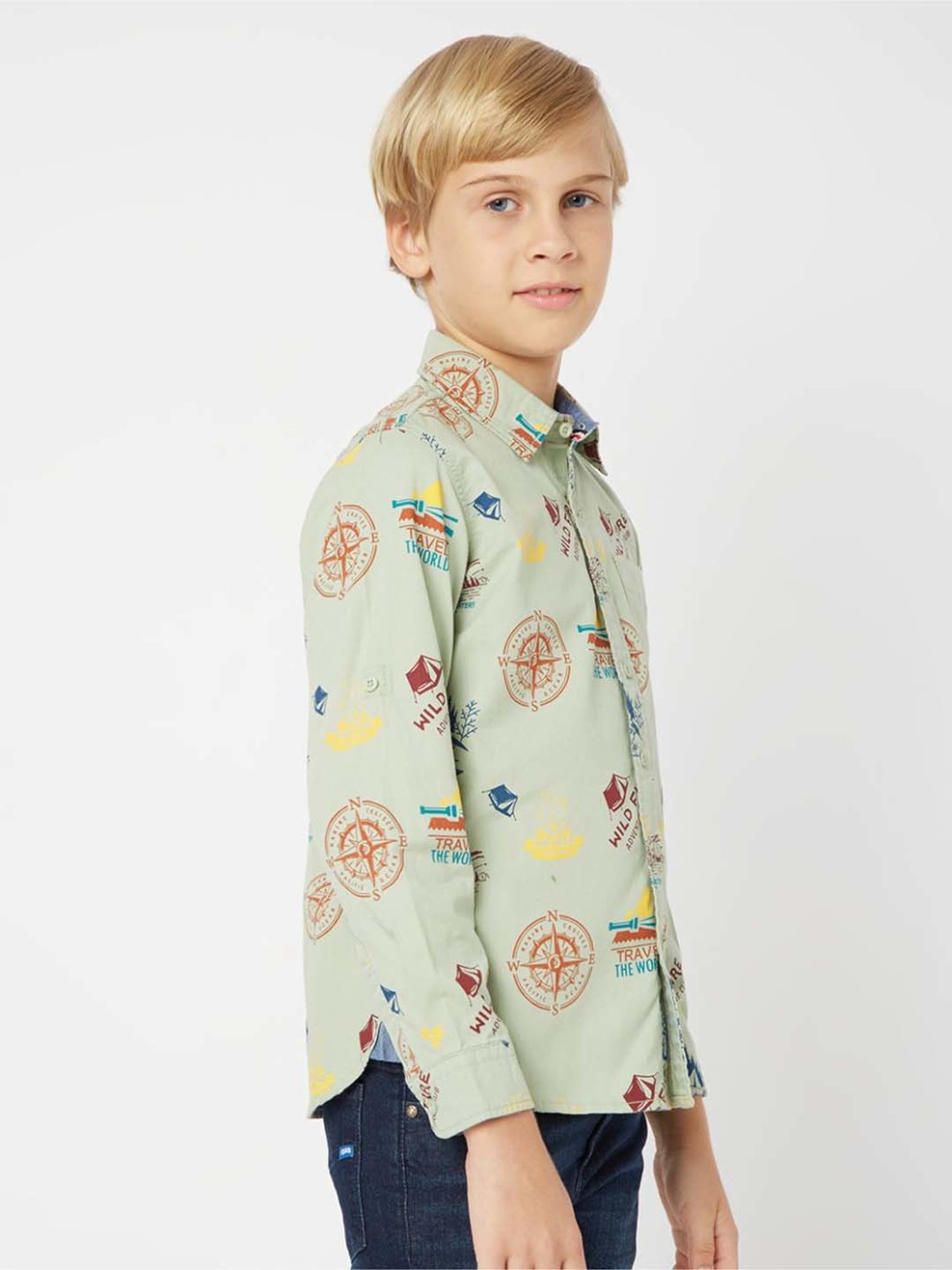 Gas Kids Sage green Cotton Printed Full Sleeves Shirt