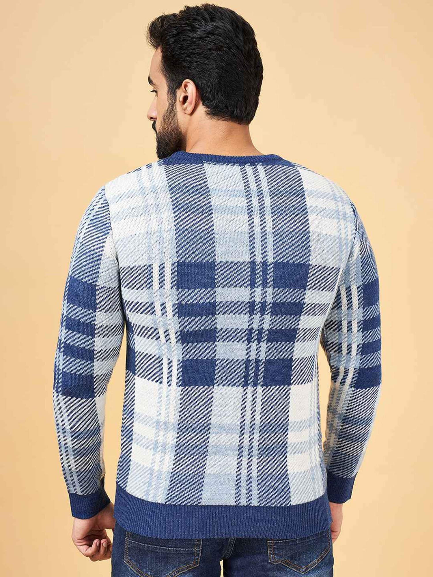 YU by Pantaloons Blue Regular Fit Checks Sweater