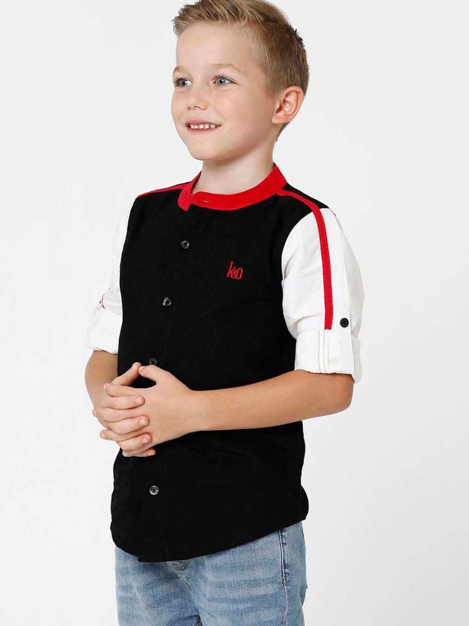 Kate & Oscar Kids Black & White Cotton Embroidered Full Sleeves Shirt