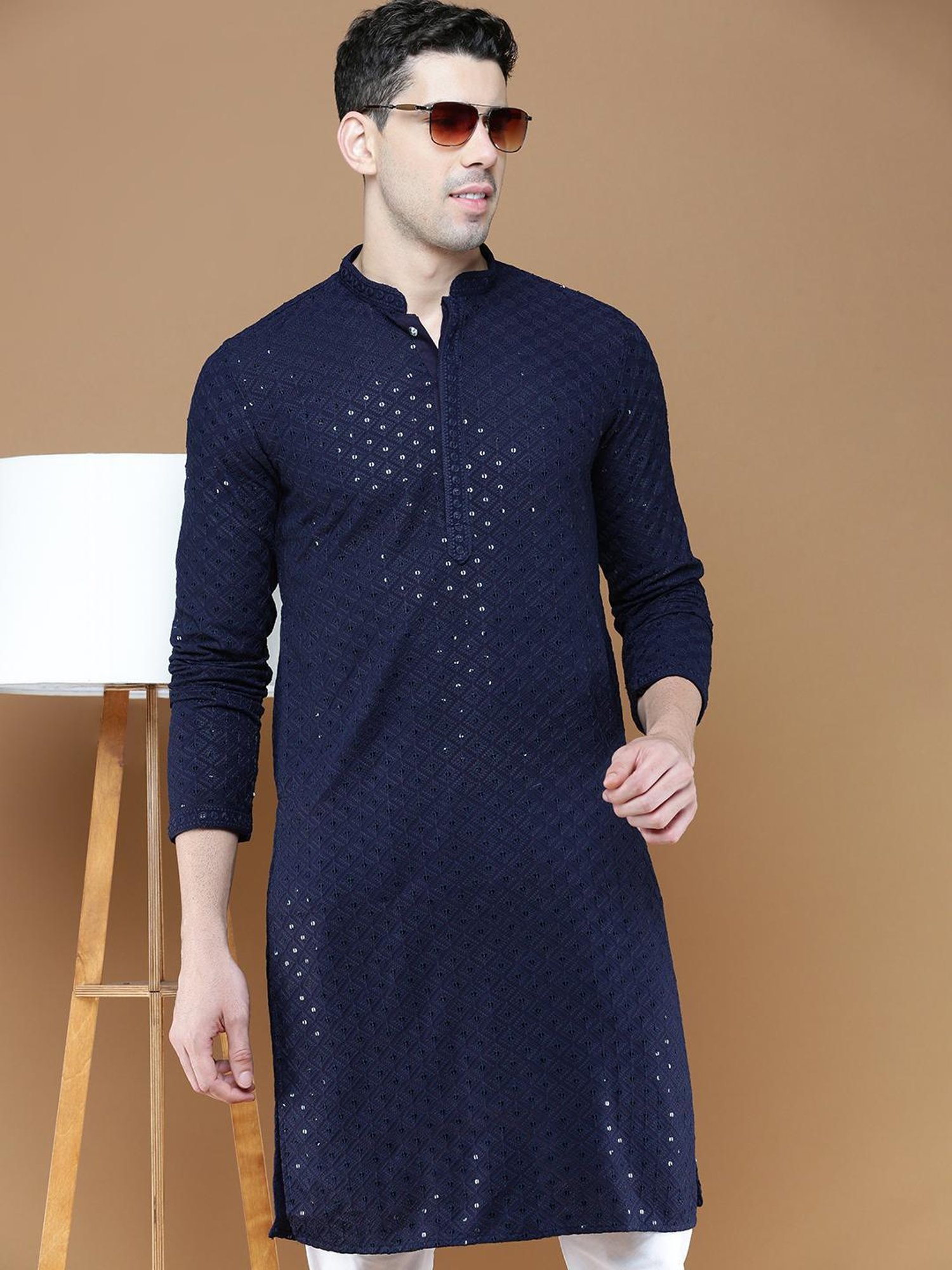 Sanwara Deep Blue Cotton Regular Fit Embellished Kurta Bottom Set