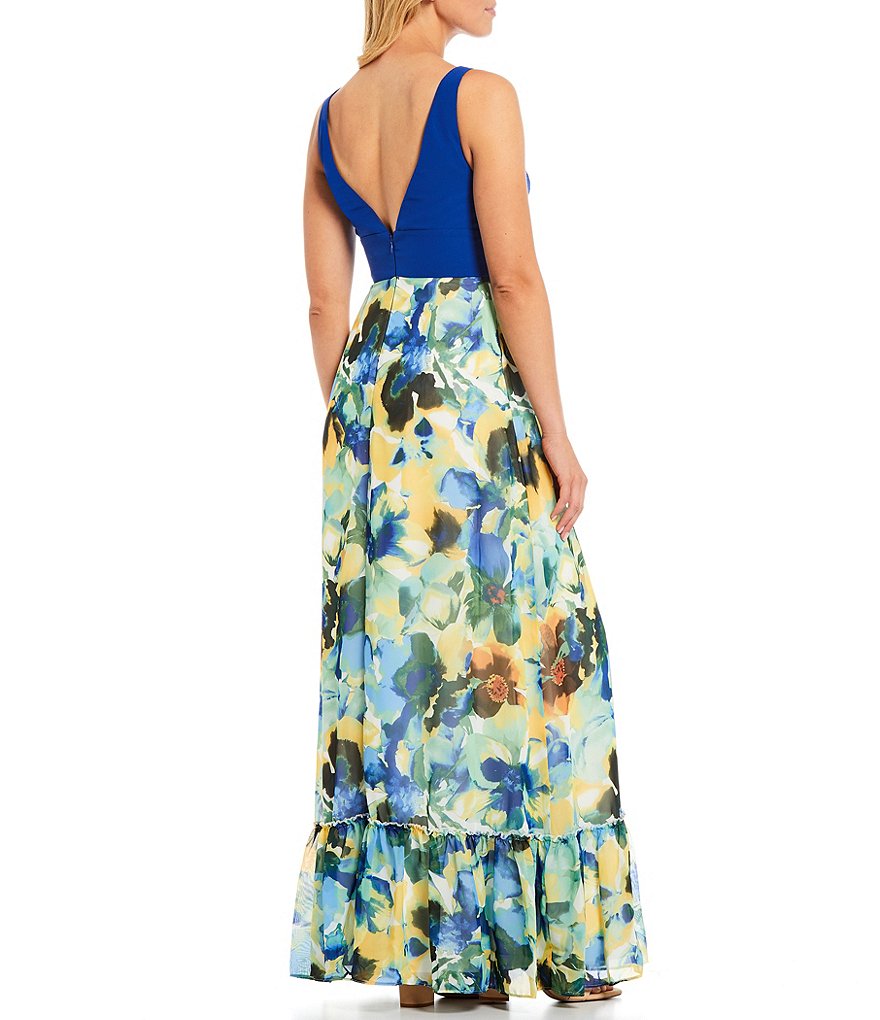 Aidan Aidan Mattox Deep V-Neck Floral Skirt Maxi Chiffon Dress