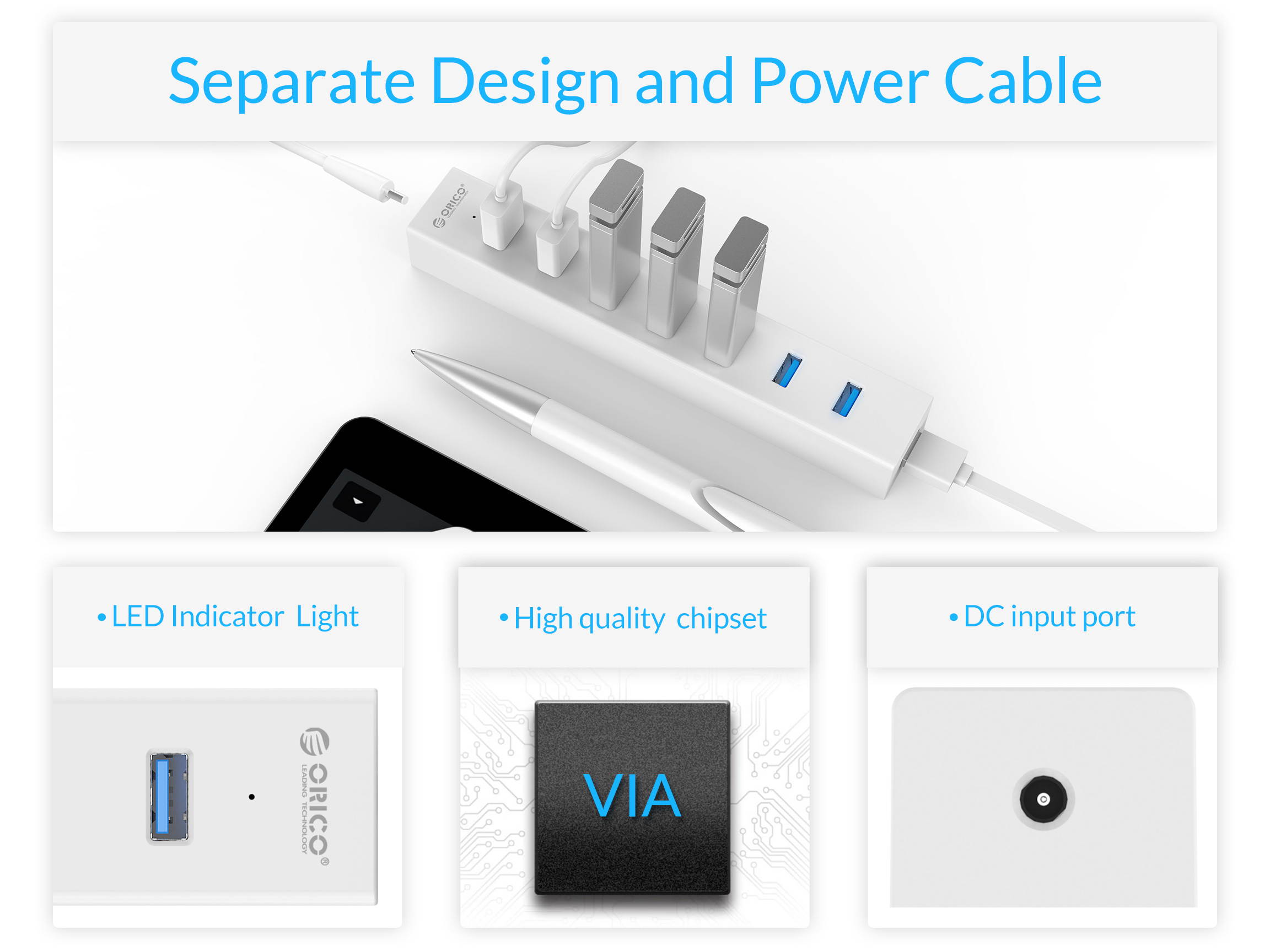 ORICO Super Speed USB 3.0 7 Port Hub with 3.3Ft. Power Cord and Data Cable - (ORICO H7013-U3-V1-BK) Black