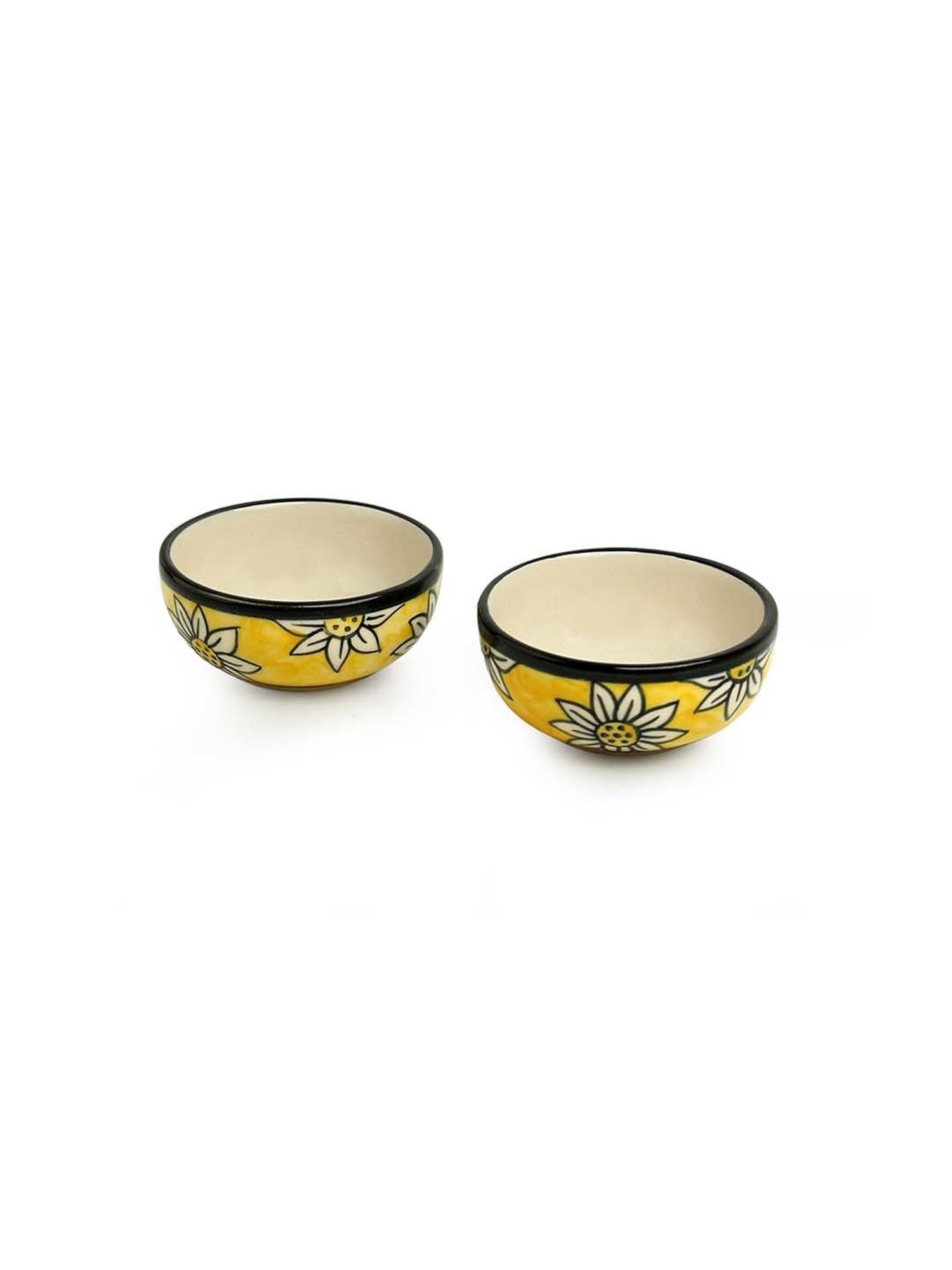 ExclusiveLane 'Californian Sunflowers' Bright Yellow & White Ceramic Chutney & Dip Bowl - Set of 2