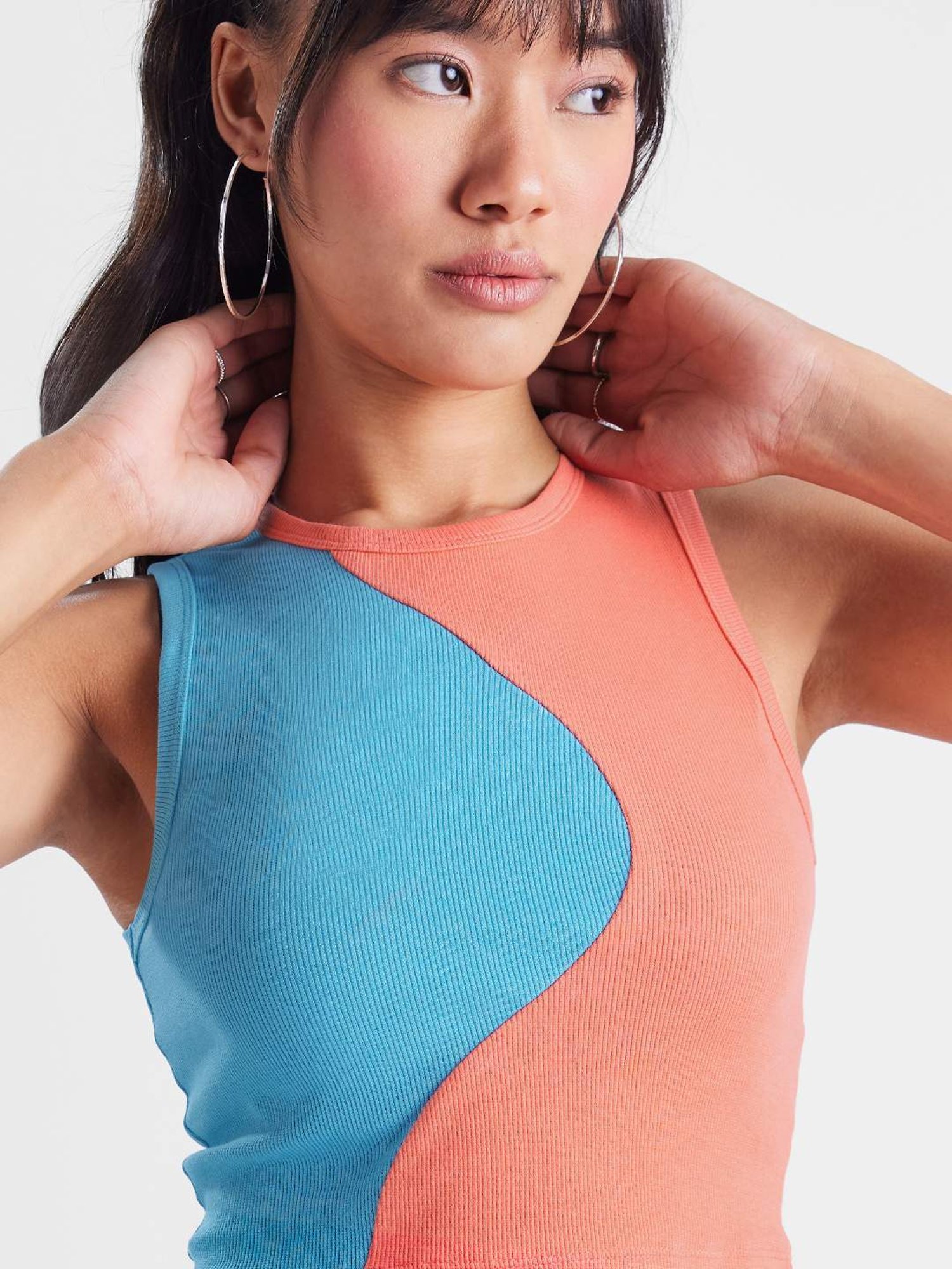 The Souled Store Blue & Peach Cotton Color-Block Tank Top