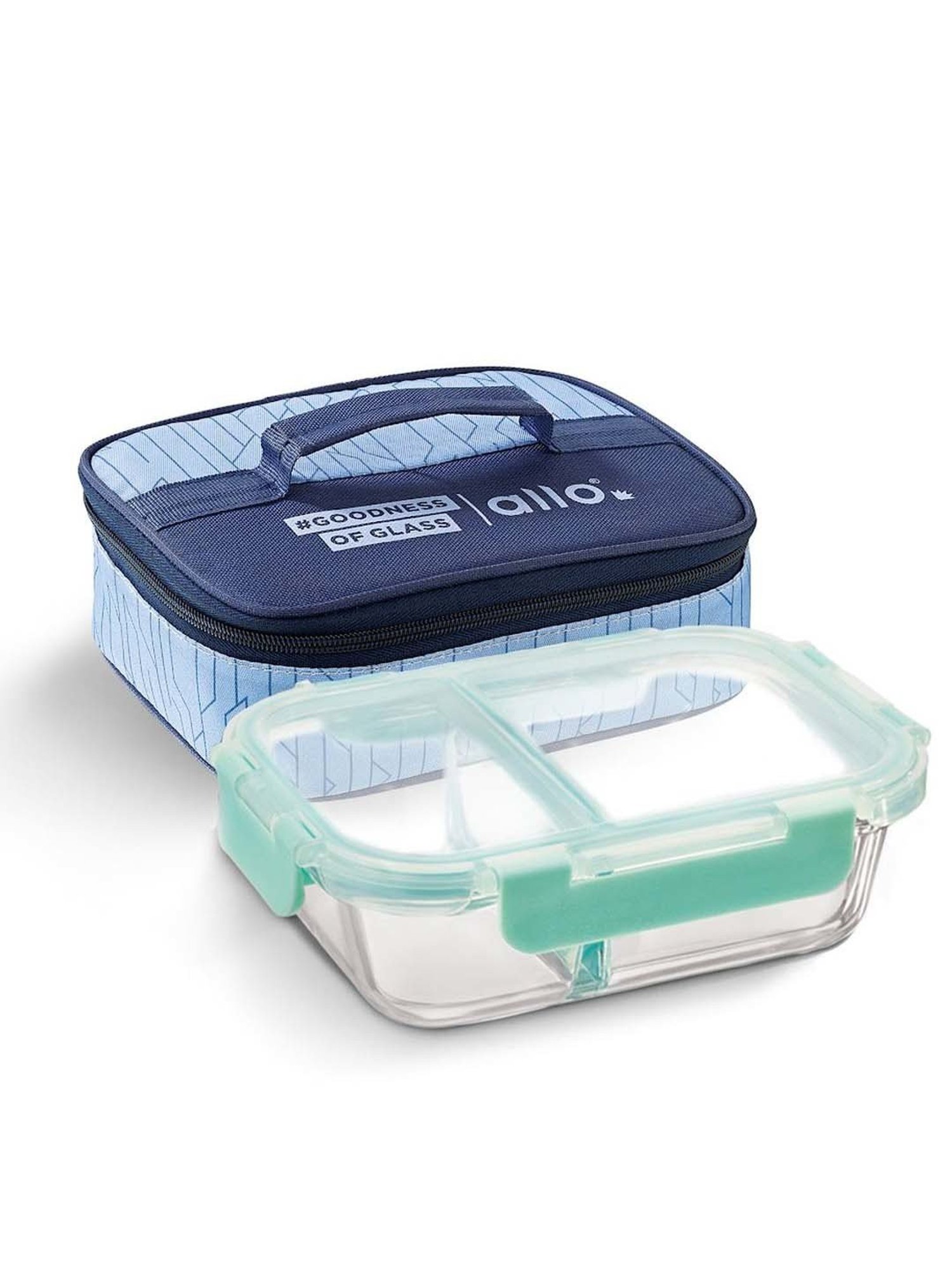 Allo Borosilicate Glass Lunch Box Microwave Oven Safe With Detachable Lock and Space Blue Tiffin Bag