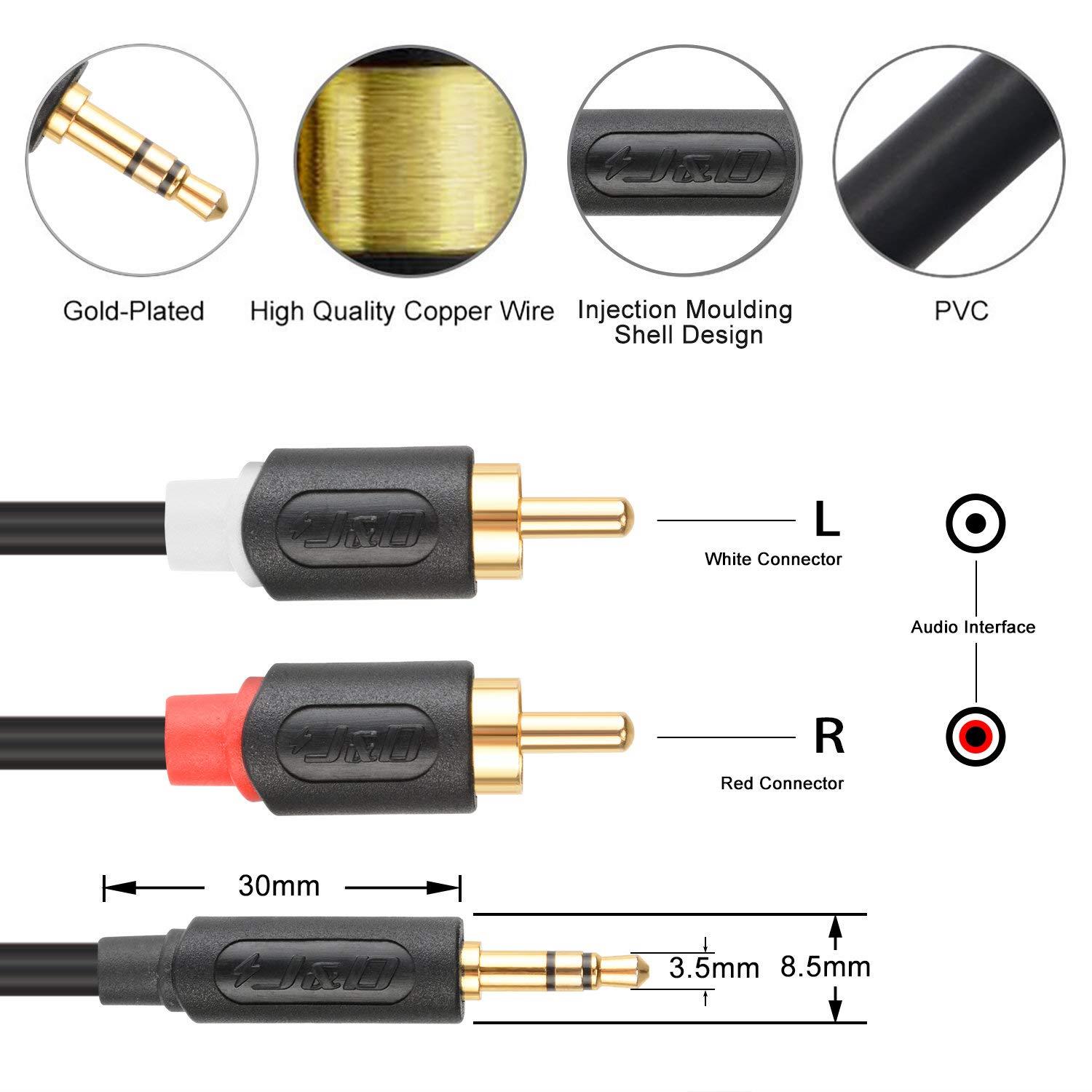J&D 3.5 mm to 2RCA Cable, RCA Cable Gold-Plated [Audiowave Series] 3.5mm Male to 2 RCA Male Stereo Audio Adapter Y Splitter RCA Cable - 3 Feet