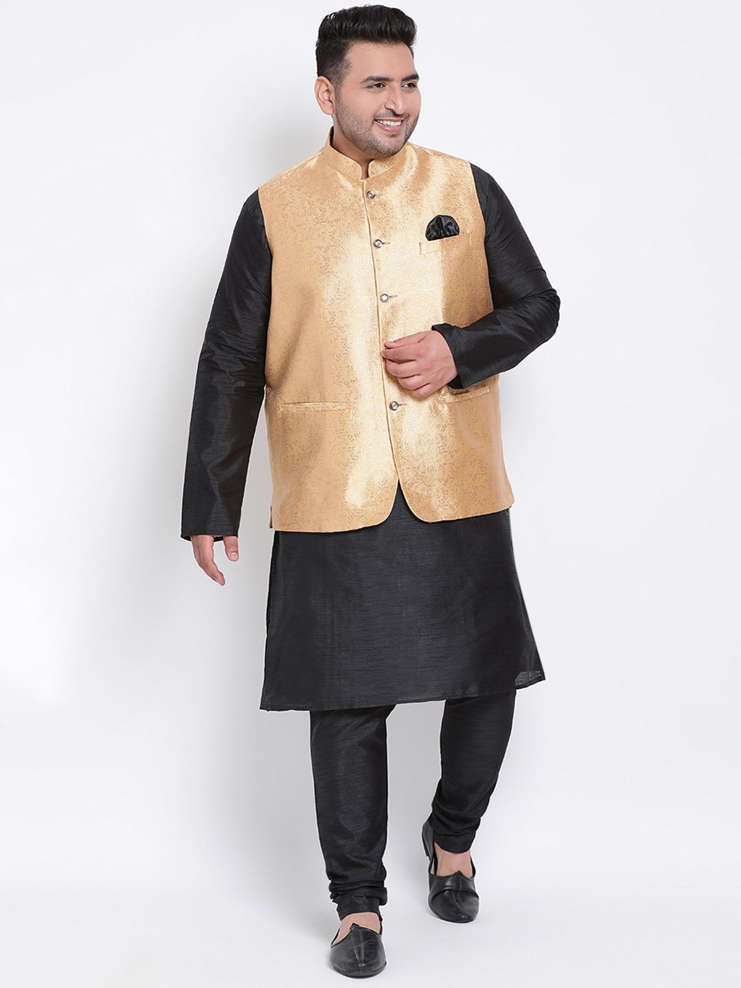 Hangup Plus Gold Regular Fit Jacquard Plus Size Nehru Jacket
