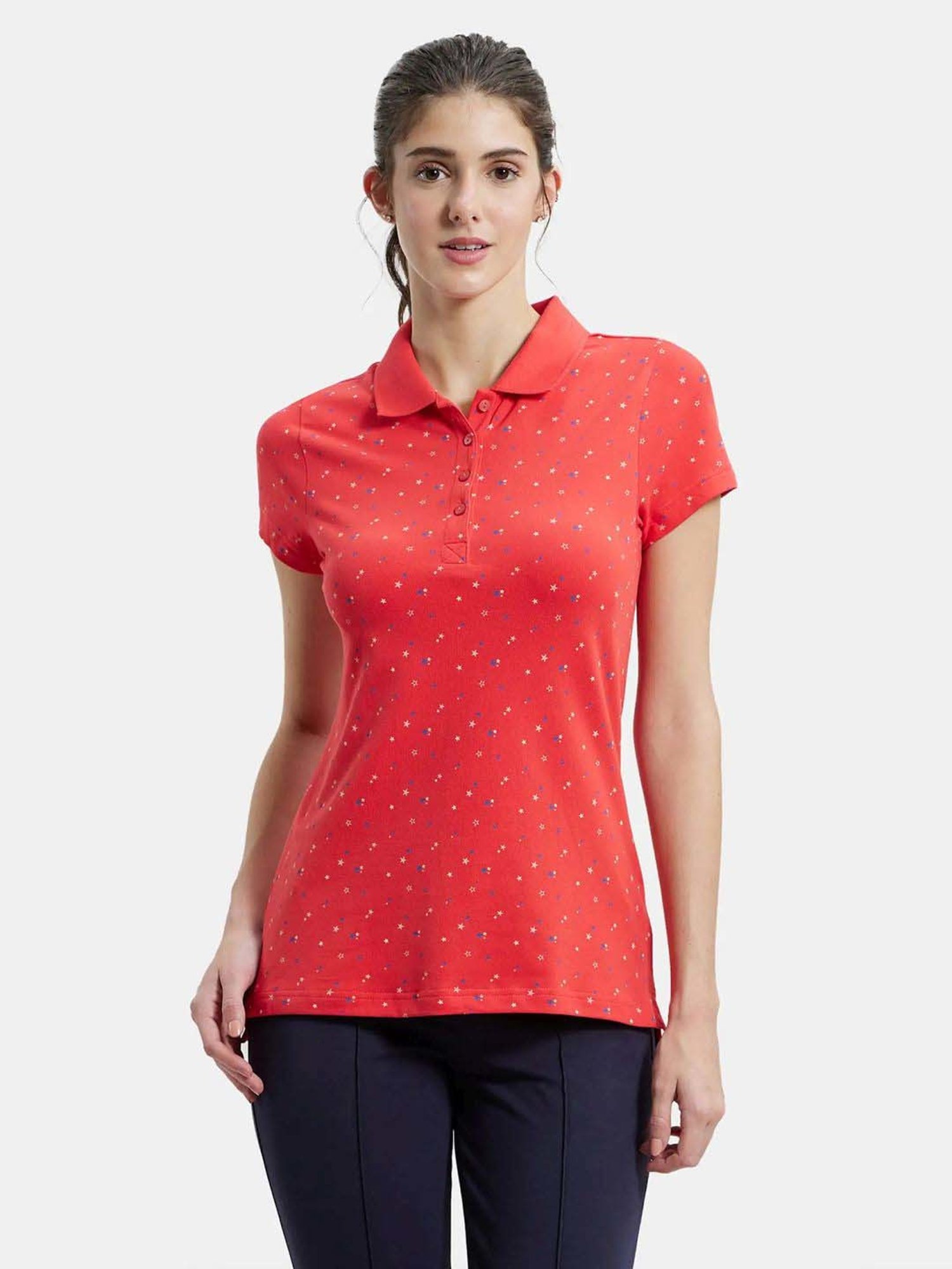 Jockey UL34 Women's Super Combed Cotton Pique Regular Fit Printed Polo T-Shirt (Prints May Vary)