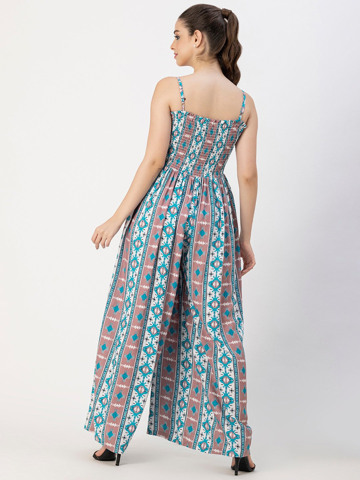 Moomaya Turquoise & White Printed Jumpsuit