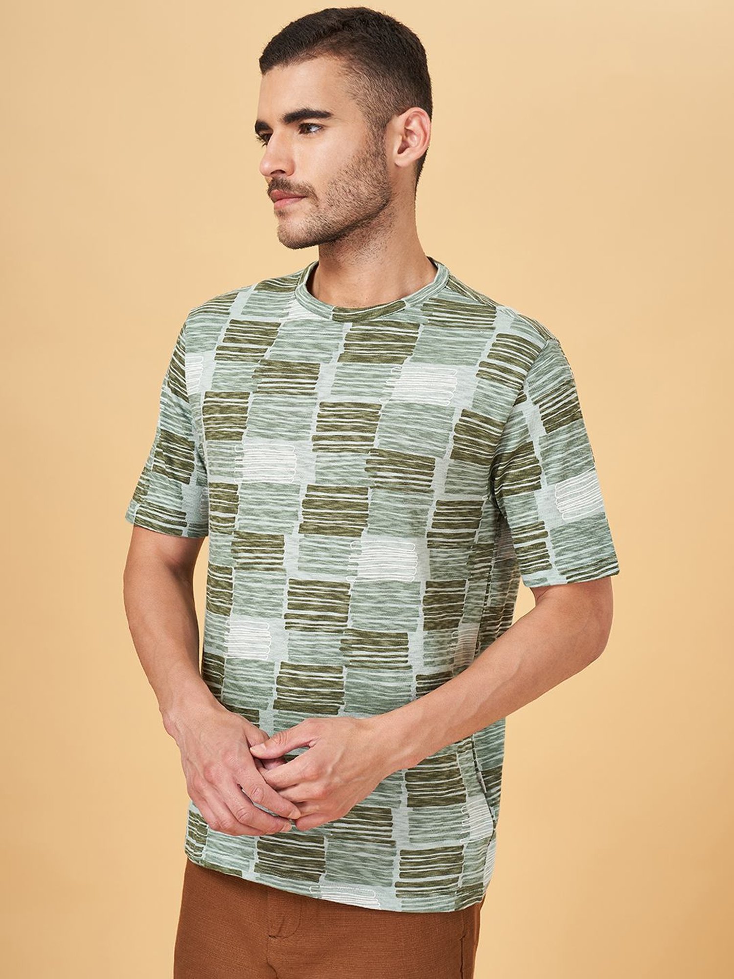 7 Alt by Pantaloons Dark Green Cotton Relaxed Fit Printed T-Shirt