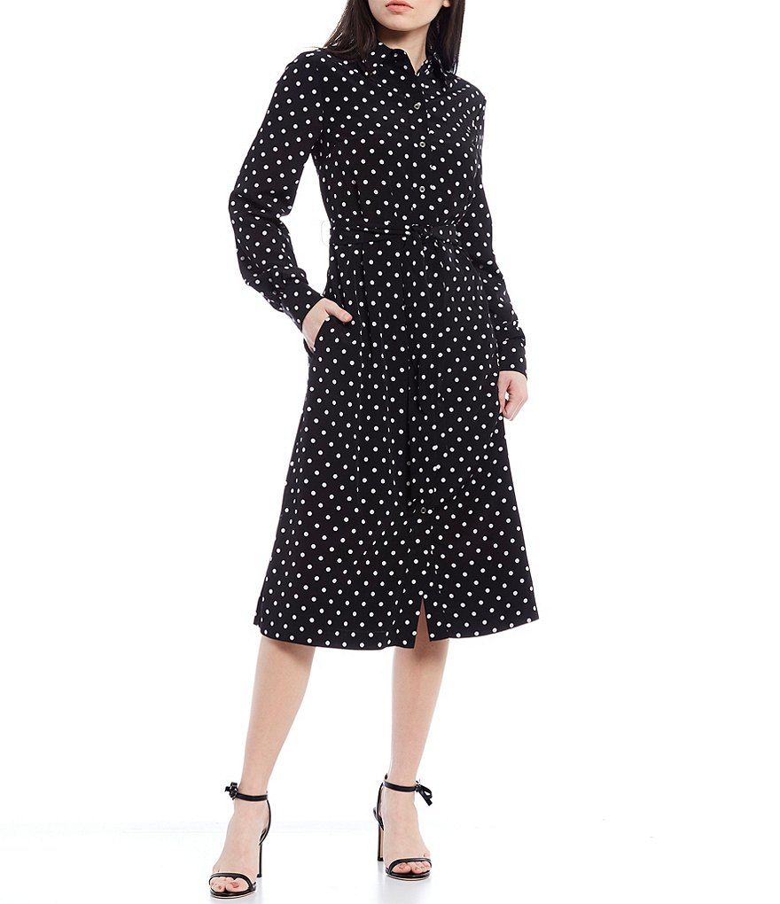 LDT Adrienne Dotted Long Sleeve Belted Midi Dress