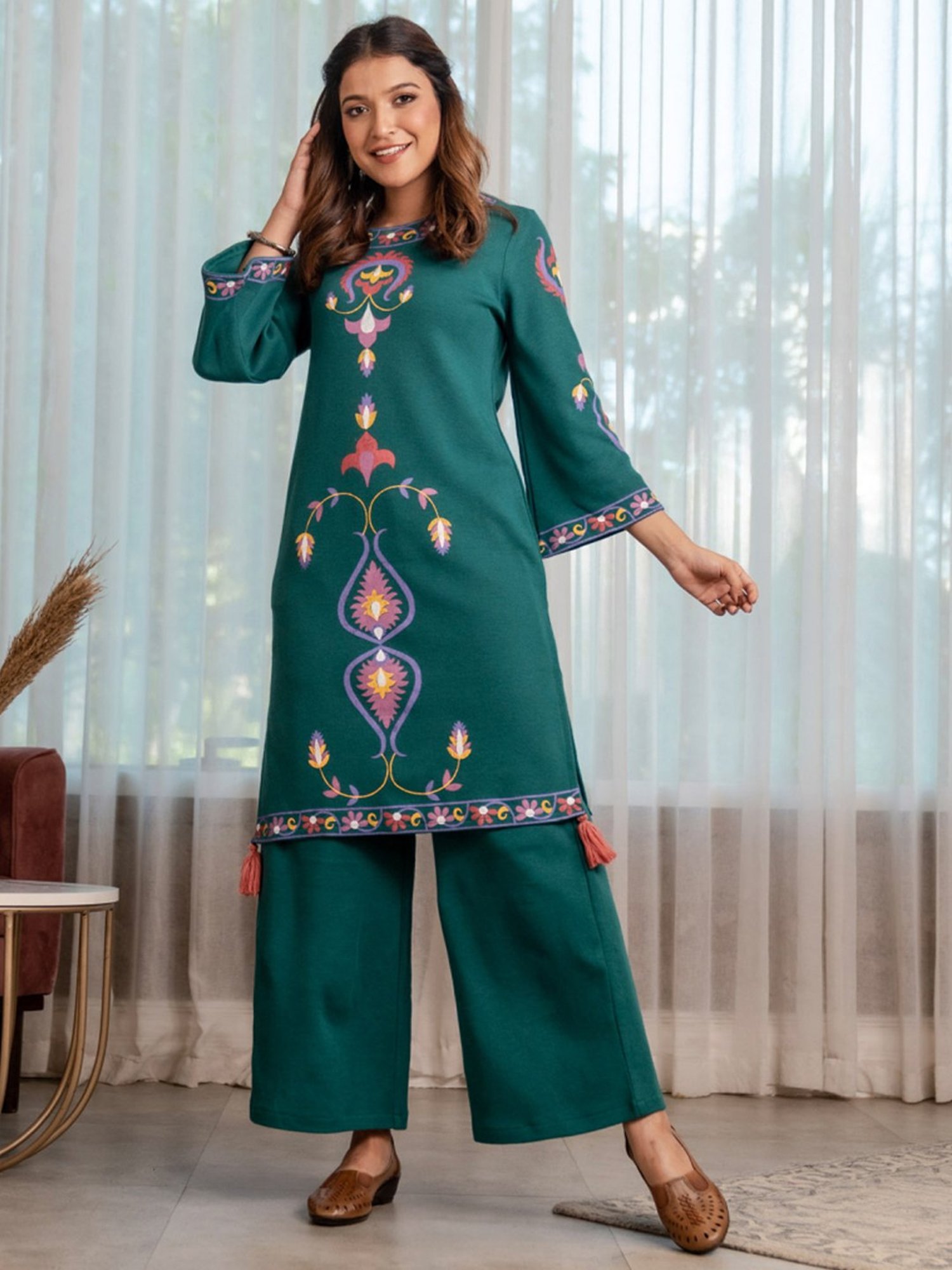 Rustorange Green Printed Straight Kurta