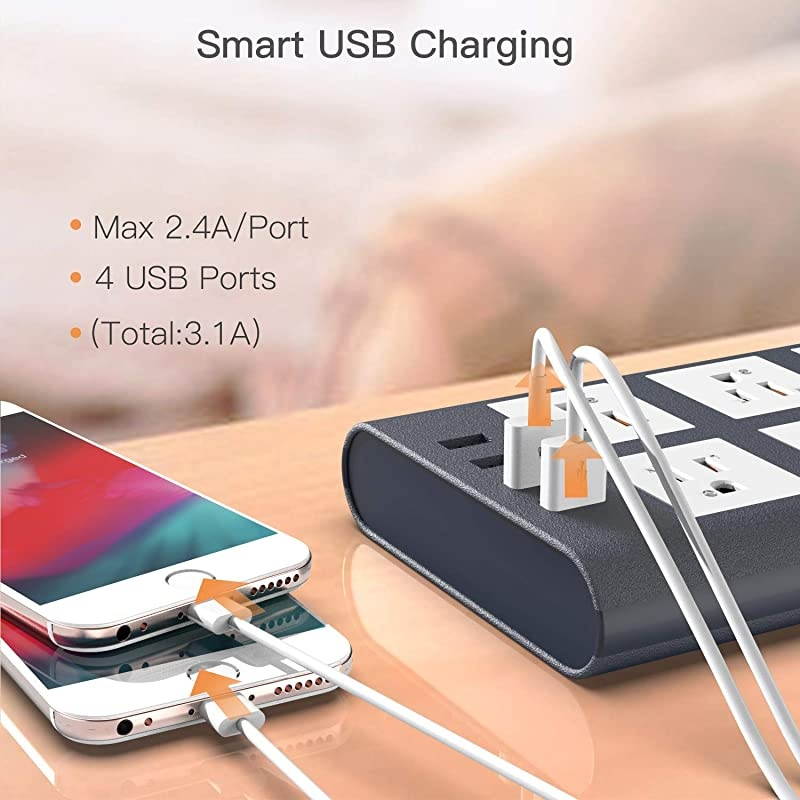 Long Extension Cord Surge Protector JACKYLED 15A Power Strip Flat Plug 6 Outlets 31A 4 USB Ports Fast Charging Fireproof Electric Outlet Desktop Charger for Home Office Kitchen Blue White