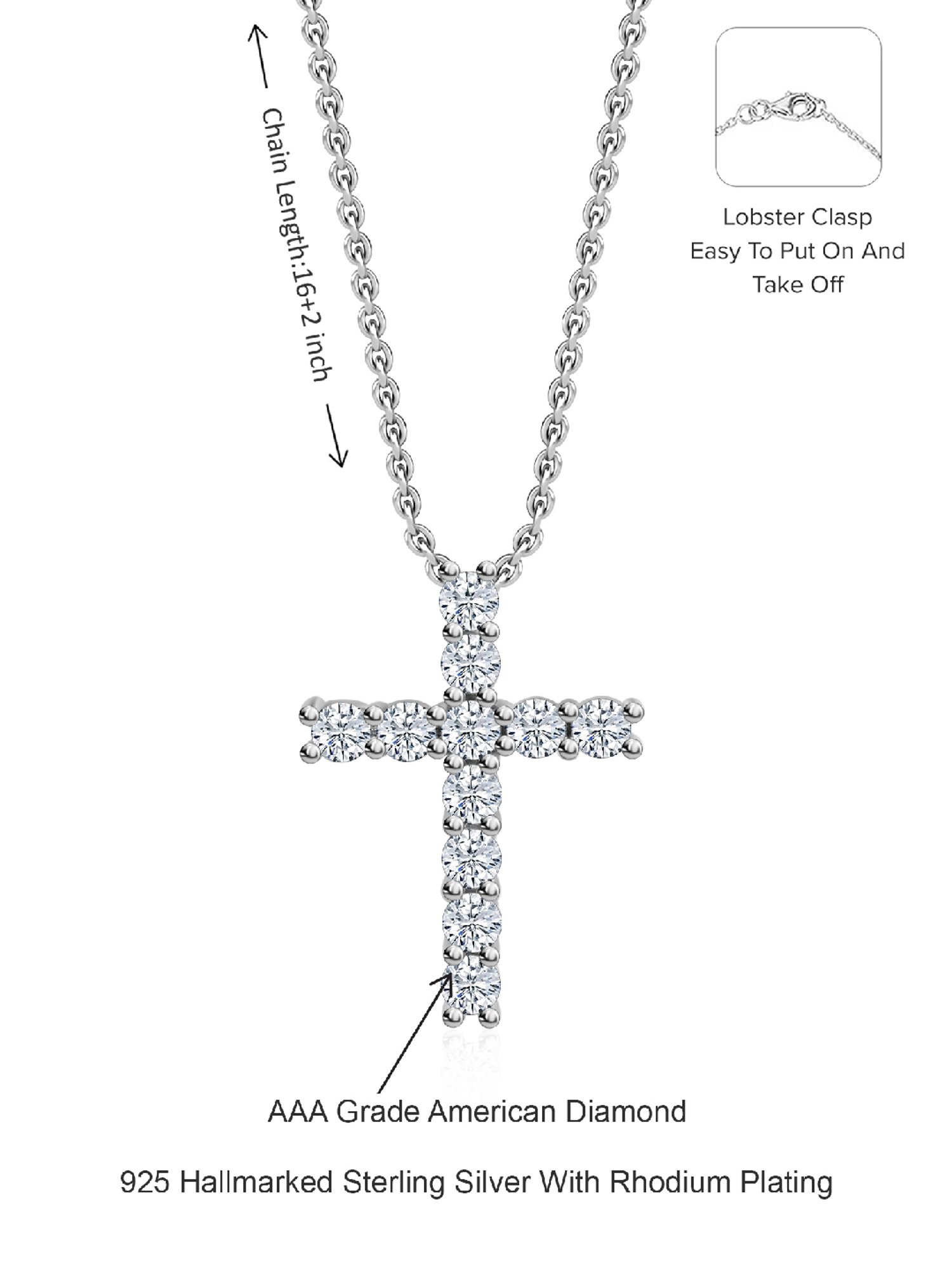 925 Silver American Diamond Cross Pendant with 18-inch Chain for Women & Girls