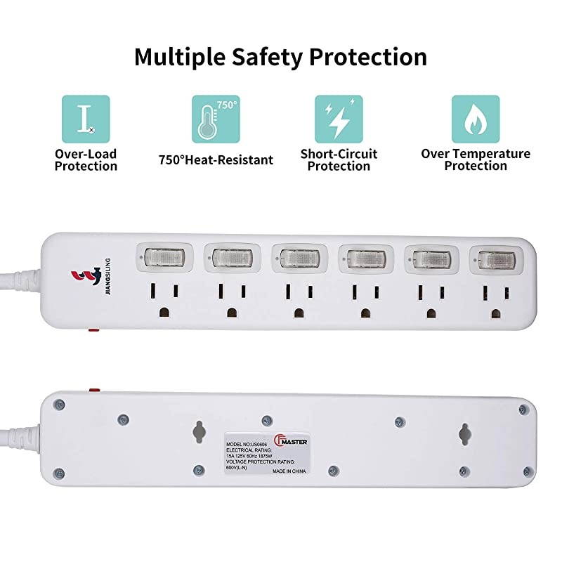 Protector Power Strip 6 ft Extension Cord 14AWG Straight Wire Plug Independent switches 125V15A Hanging Hole SGS CertificationWhite