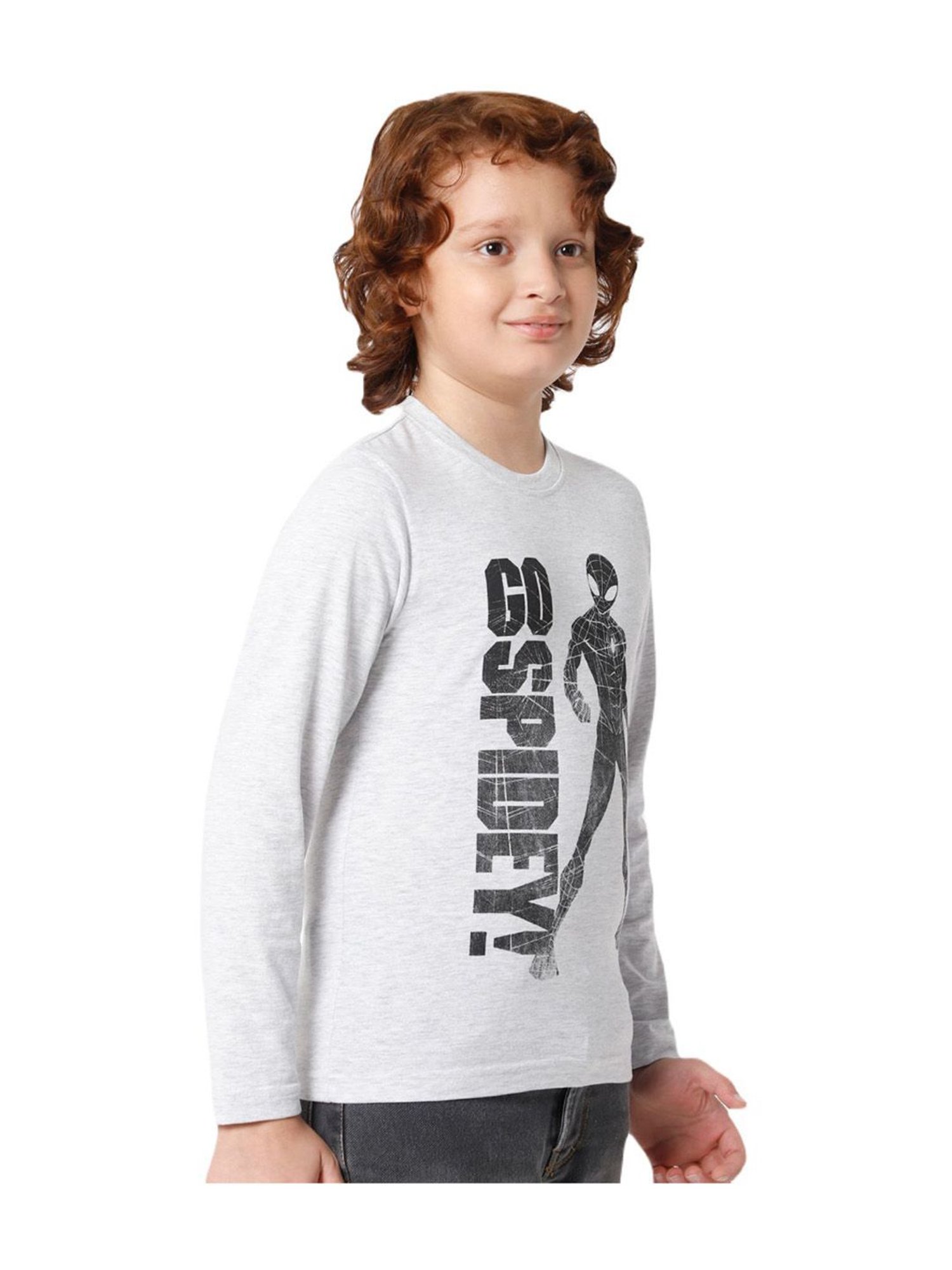 Proteens Kids Melange Grey Cotton Printed Full Sleeves T-Shirt