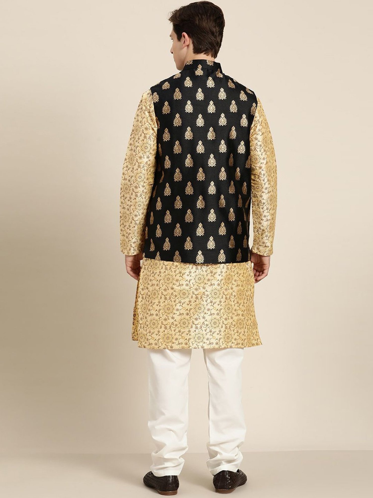 Sojanya Beige & Black Regular Fit Printed Kurta Set With Jacket