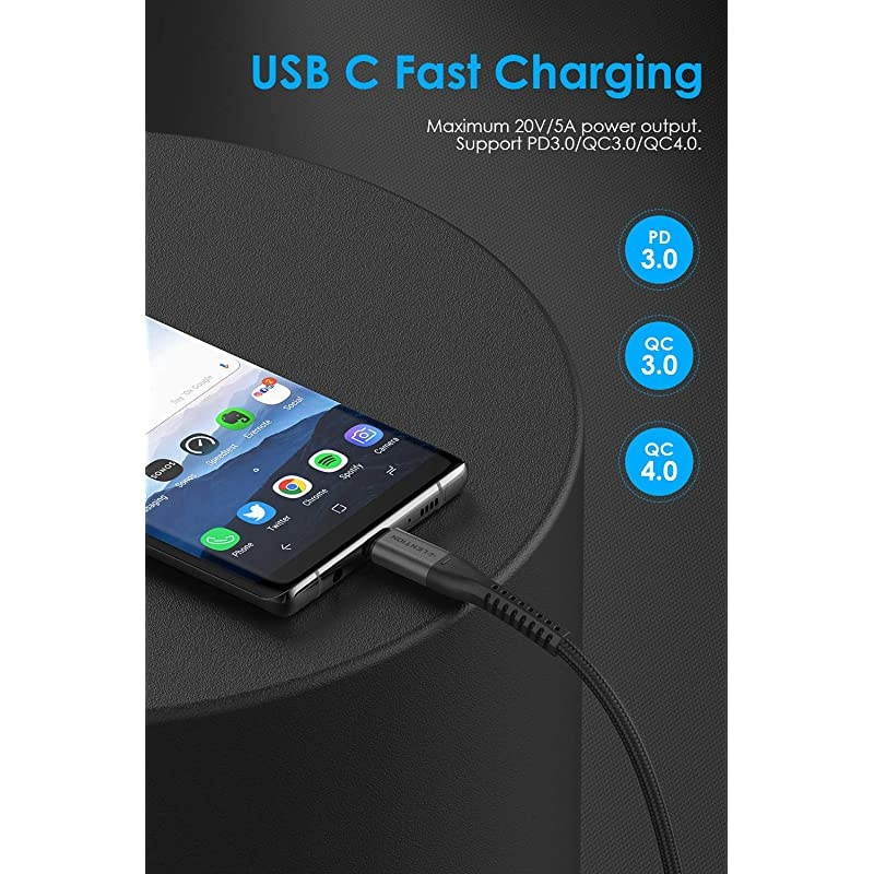 USB C to USB C Cable 66ft 100W Type C 20V5A Fast Charging Braided Cord Compatible 20202016 MacBook Pro New iPad ProMac AirSurface Samsung Galaxy S20S10S9S8PlusNote More Grey