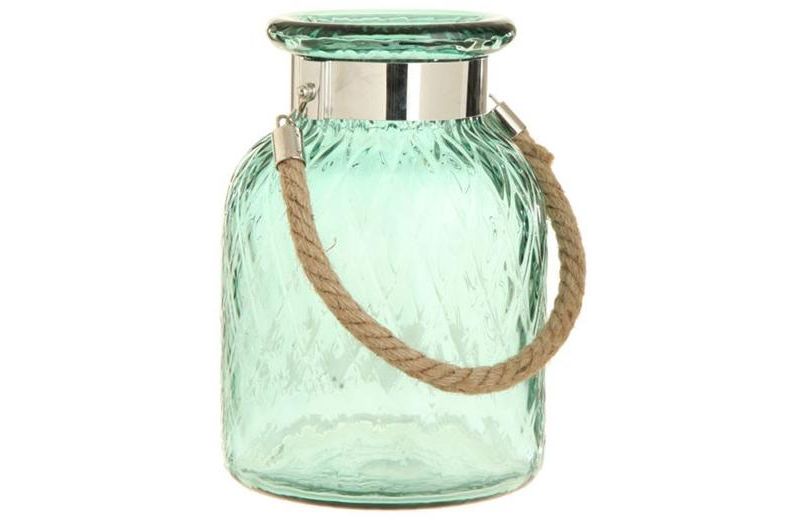 Raz Imports 9.75" French Countryside Hanging Green Harlequin Glass Lantern with Jute Handle