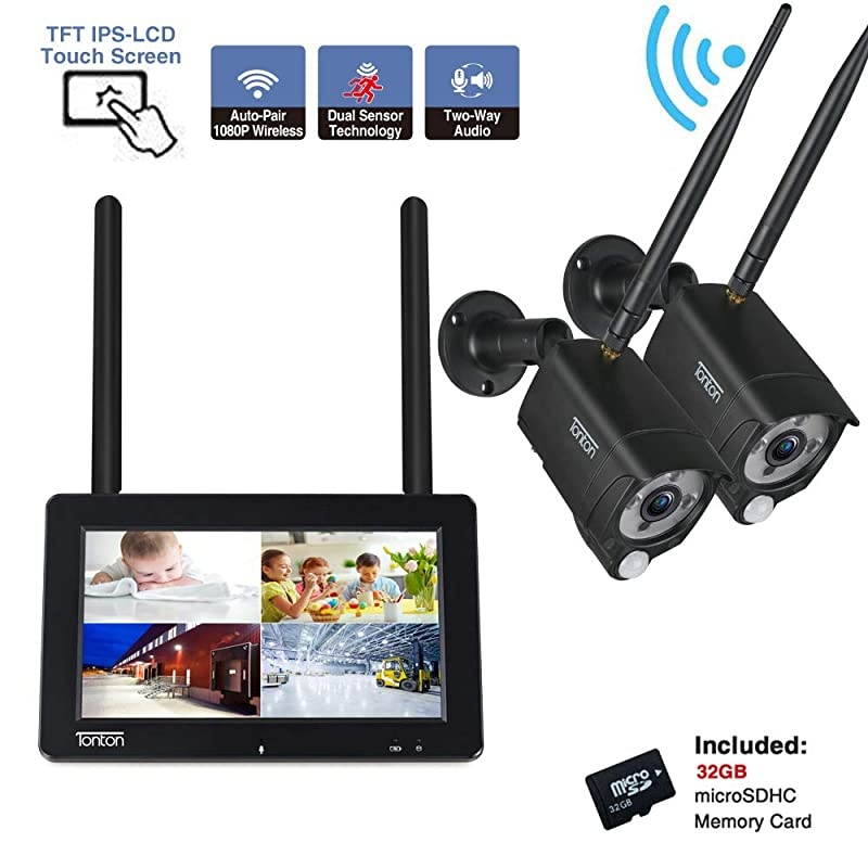 3MP&2-Way Audio&Floodlight]  Portable LCD Security Camera System Wireless with 7" IPS Touchscreen Monitor,4CH 5MP NVR and 2PCS 3MP Floodlight Cameras with PIR,Rechargeable Battery,32GB SD Card