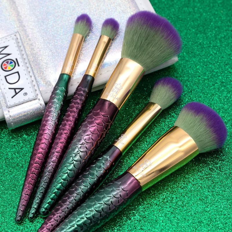MODA Brush Mythical 6pc Sweet Siren Travel Makeup Brush Set with Holographic Flip Case, Includes - Powder, Highlight and Glow, Crease, and Eye Shader Brushes