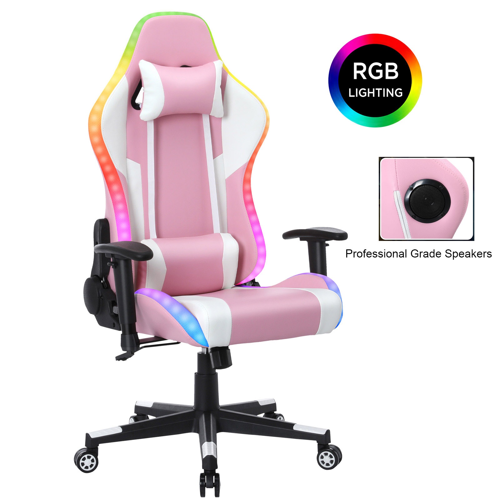 YOUTHUP Gaming Chair with RGB LED Lights, Racing Style Recliner Swivel Video Computer Chair with Bluetooth Speakers, Adjustable Ergonomic High Back, PU Leather with Headrest and Lumbar Support, Pink