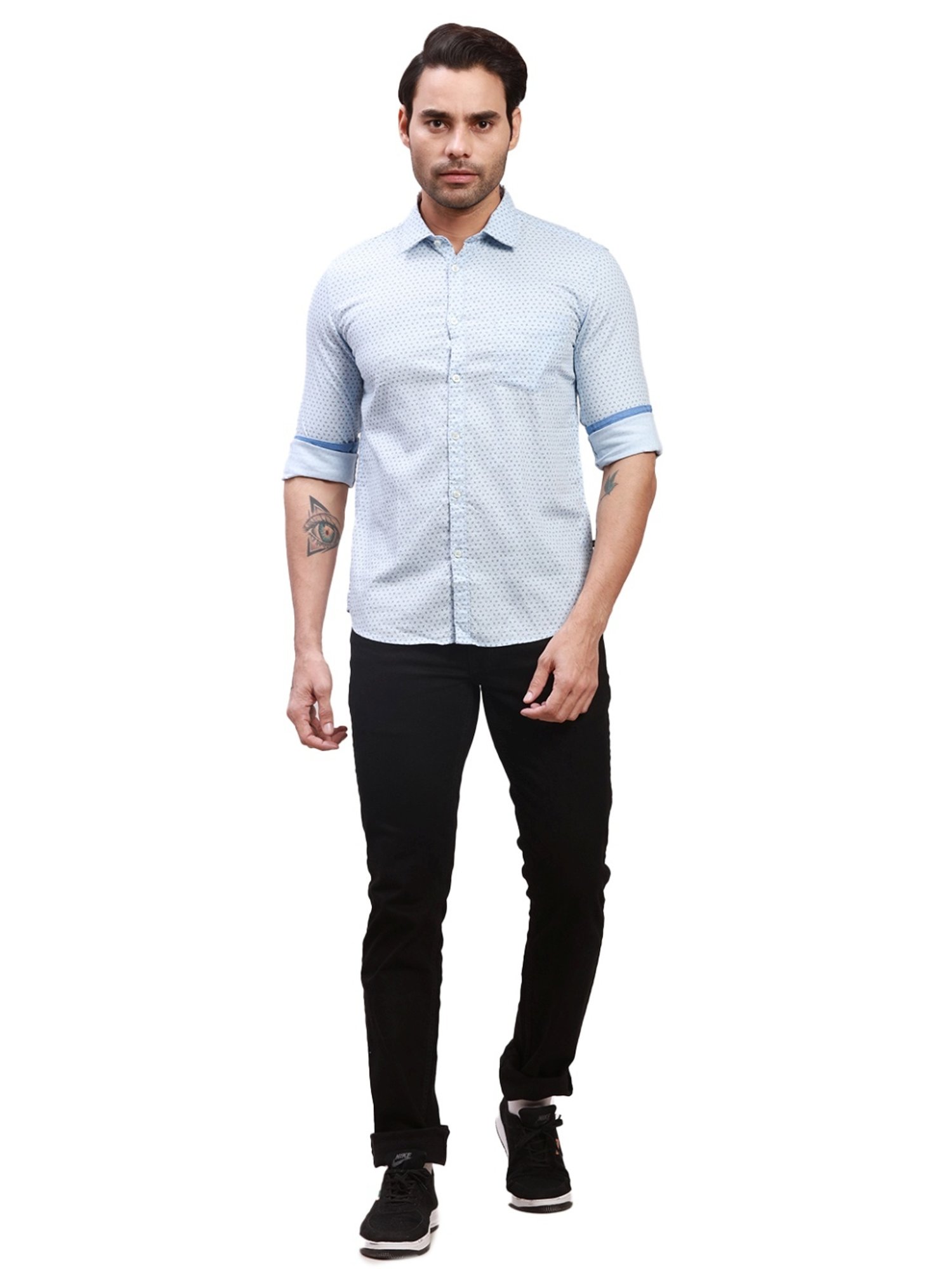 Parx Blue Cotton Slim Fit Printed Shirt