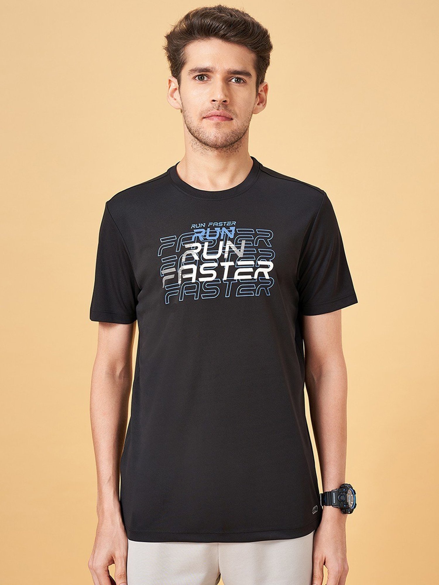 Ajile by Pantaloons Jet Black Slim Fit Printed Sports T-Shirt