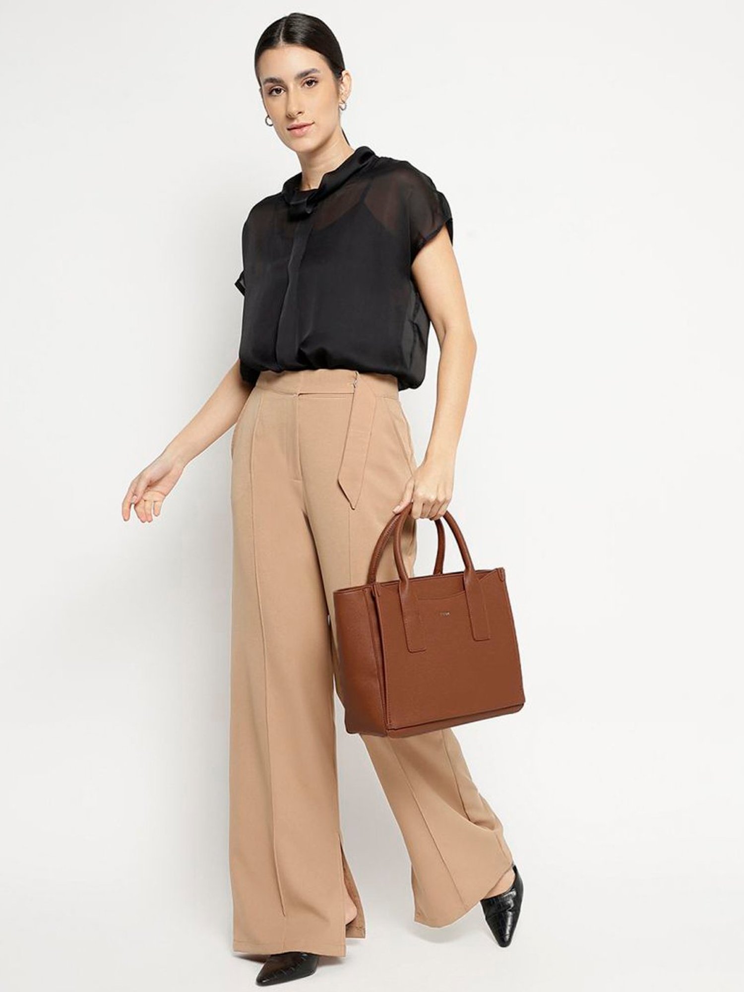 Tyra Eslia Tan Solid Faux Leather Tote Handbag