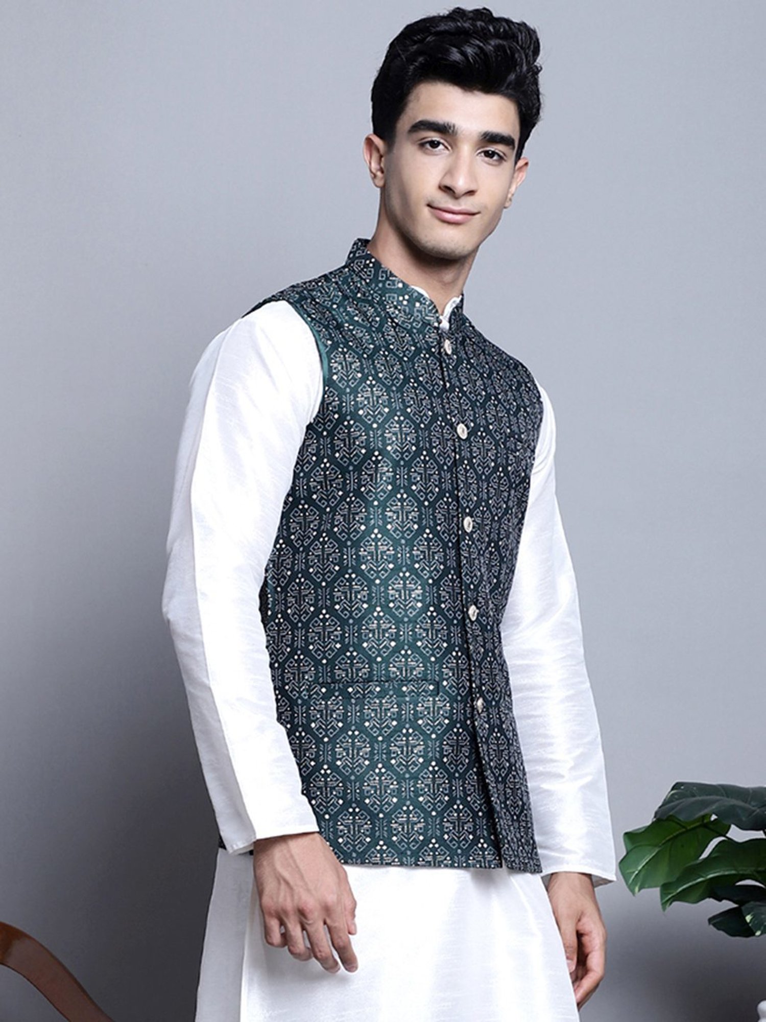 Jompers Olive Regular Fit Printed Nehru Jacket