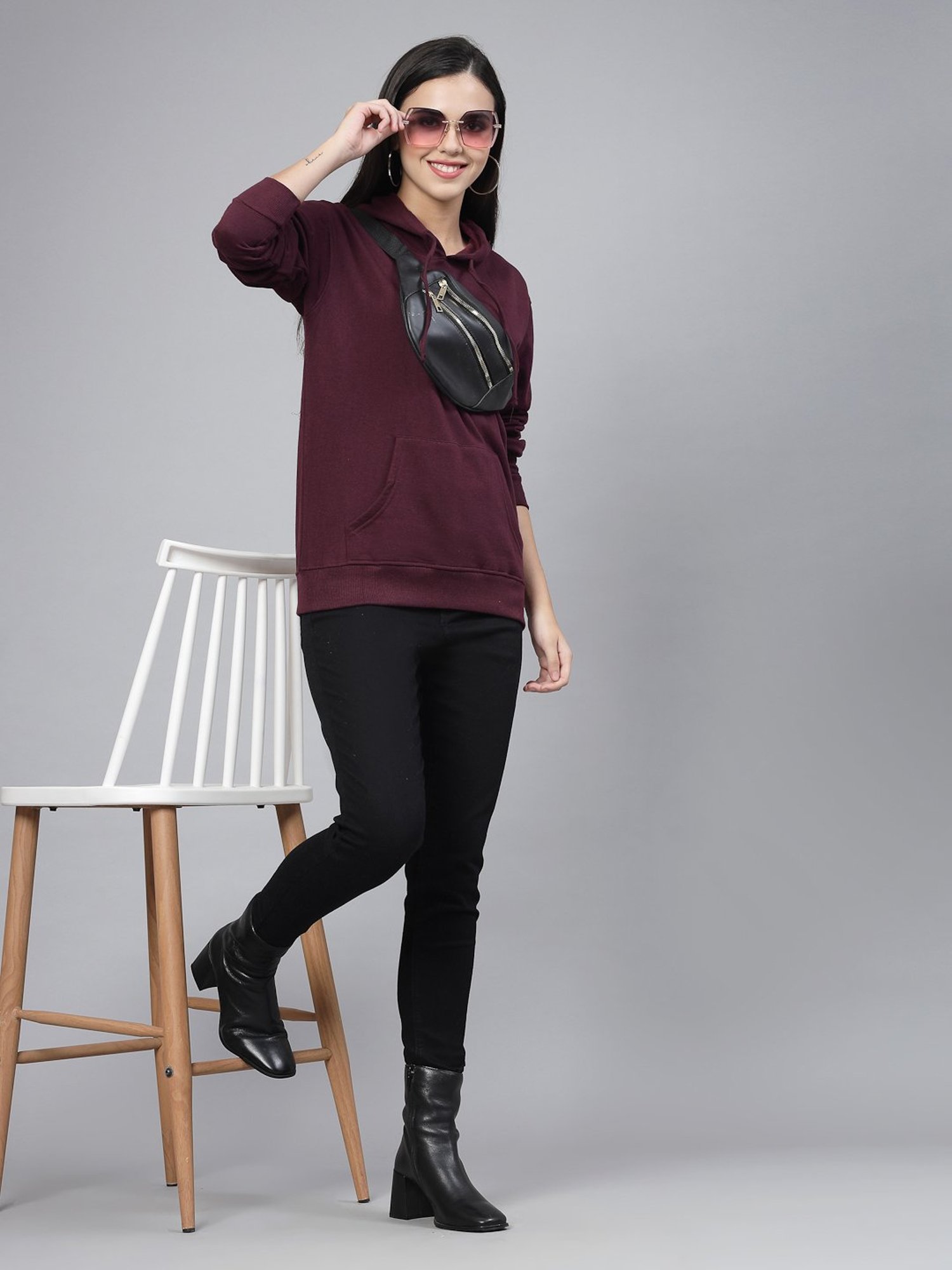 Style Quotient Wine Cotton Regular Fit Hoodie