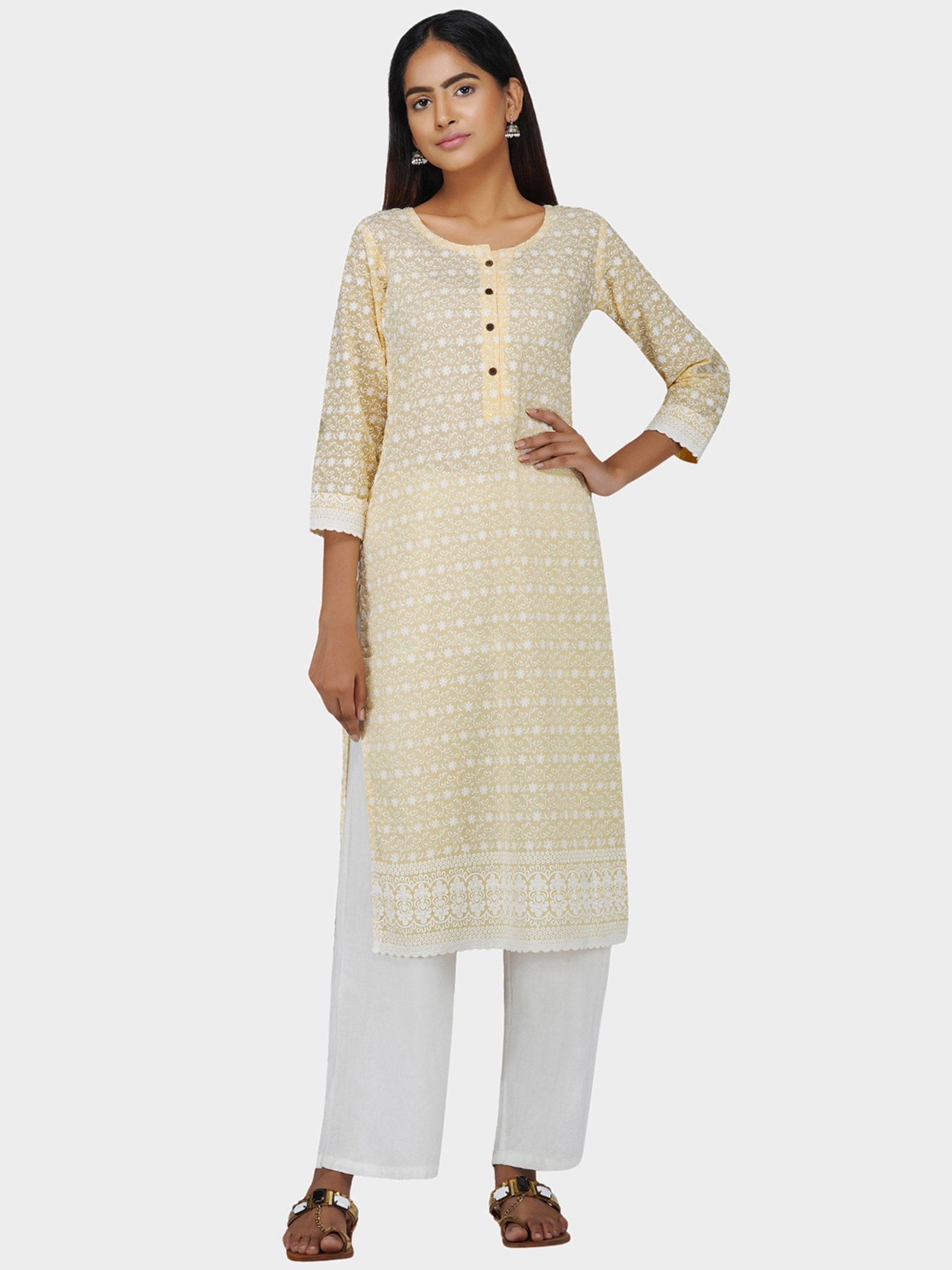 Paislei Light Yellow Printed Cotton Kurta