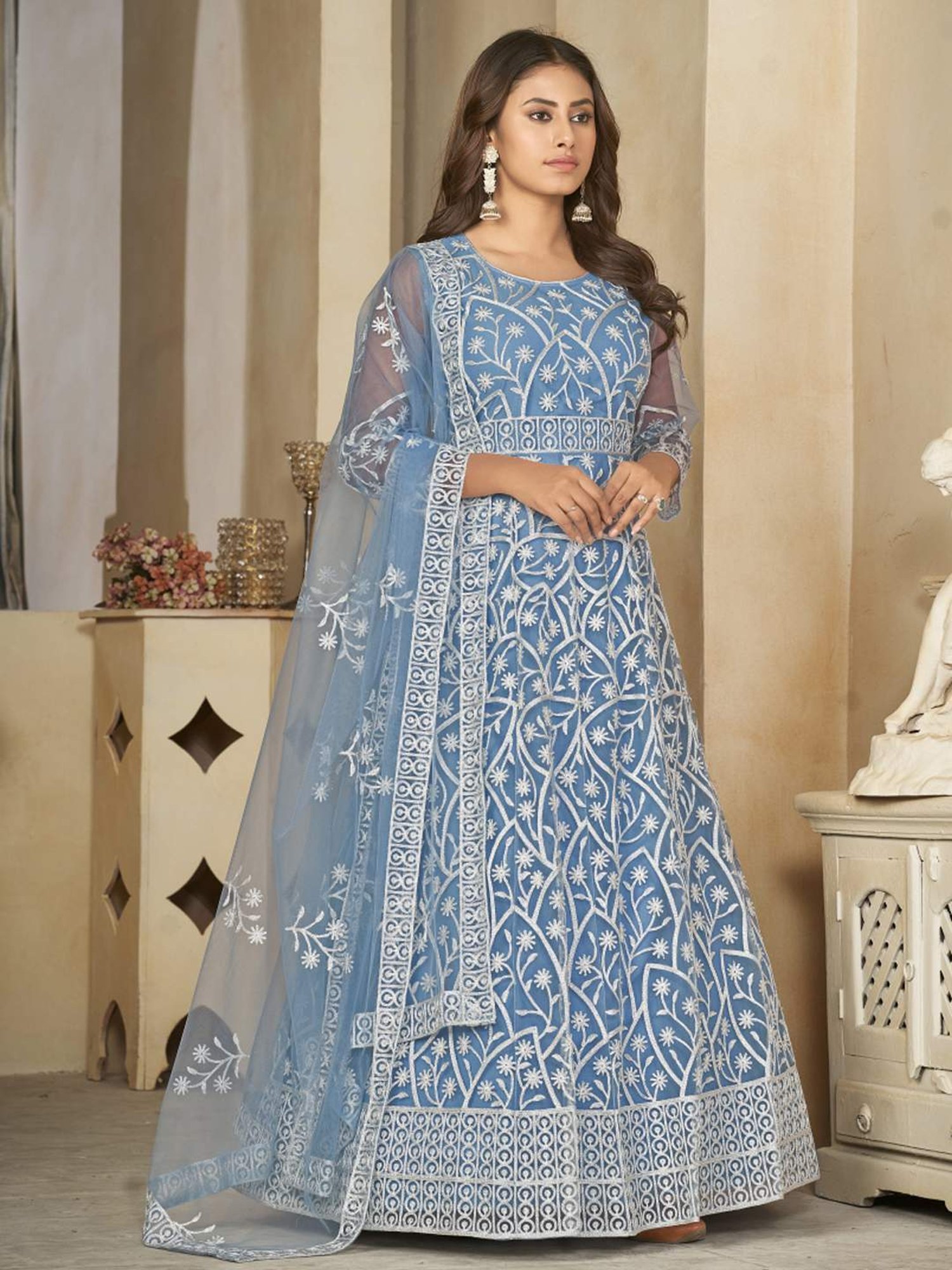 Warthy Ent Blue Embroidered Unstitched Dress Material