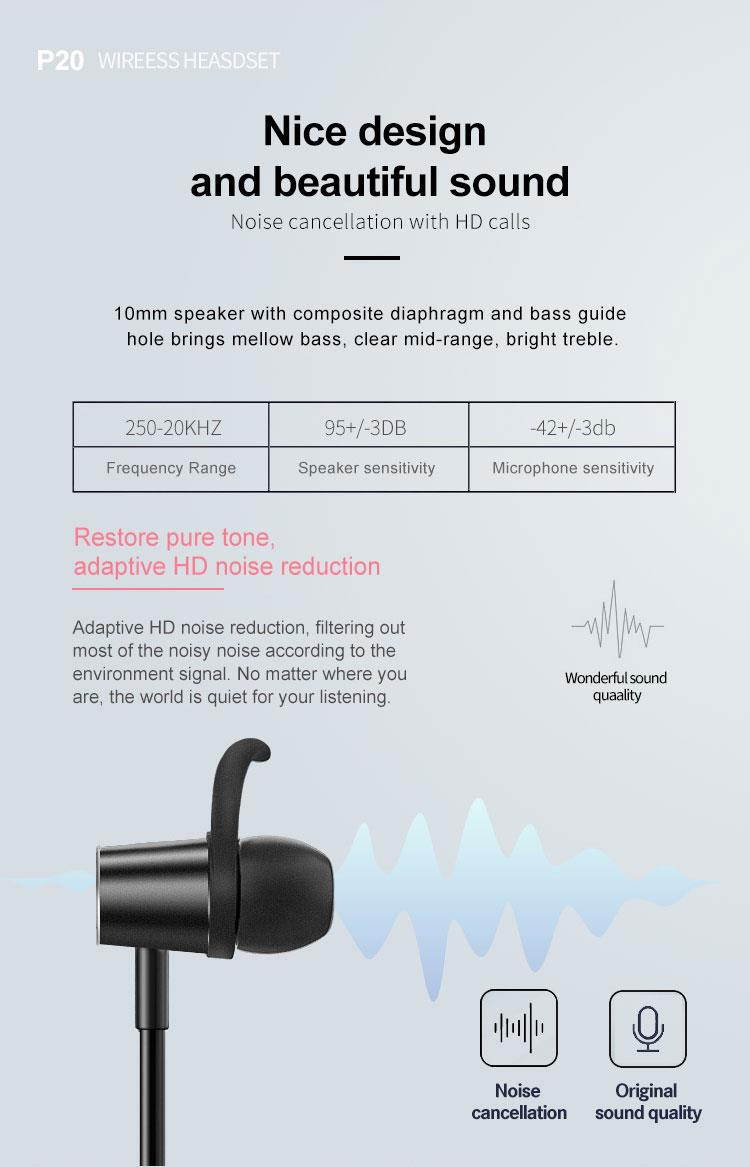 FineBlue P20 Wireless Headphones Bluetooth Earphone Sport Running Wireless Stereo Bluetooth headphone Headset with mic sport new (Black)