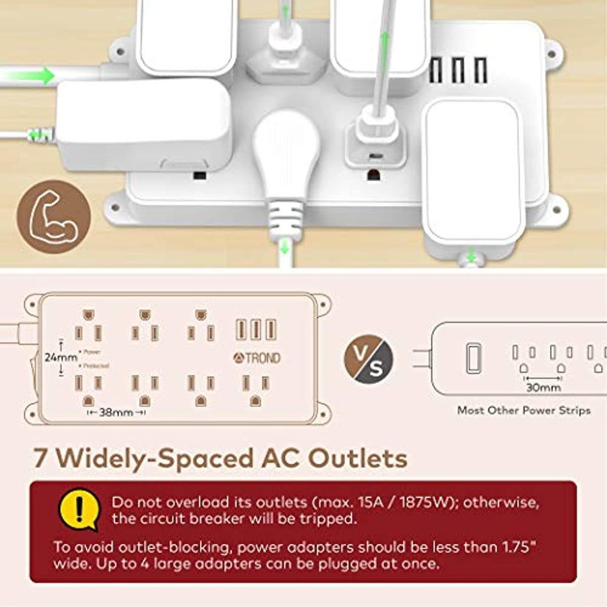Surge Protector Power Strip Flat Plug, ETL Listed, TROND Wall Mountable Extension Cord Long 10ft, Low-Profile, 7 Widely-Spaced Outlets & 3 USB Ports, 1700 Joules, White