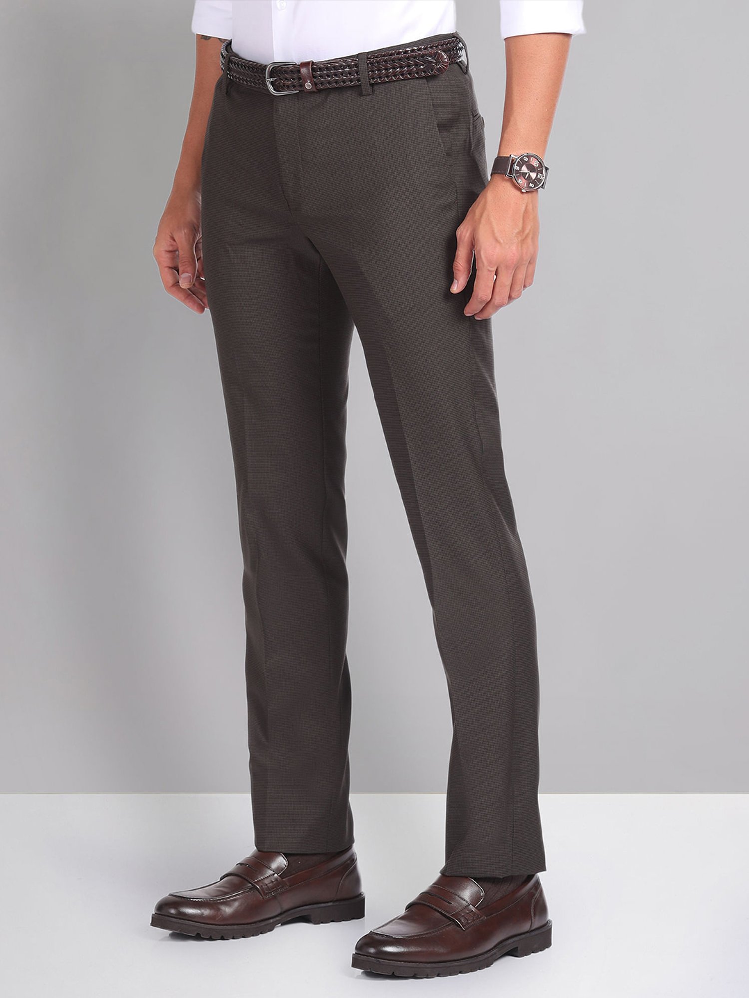 AD by Arvind Brown Slim Fit Flat Front Trousers
