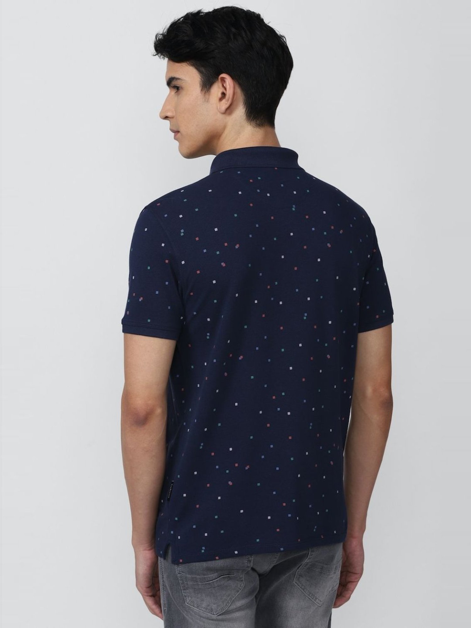 V Dot Navy Cotton Slim Fit Printed Polo T-Shirt