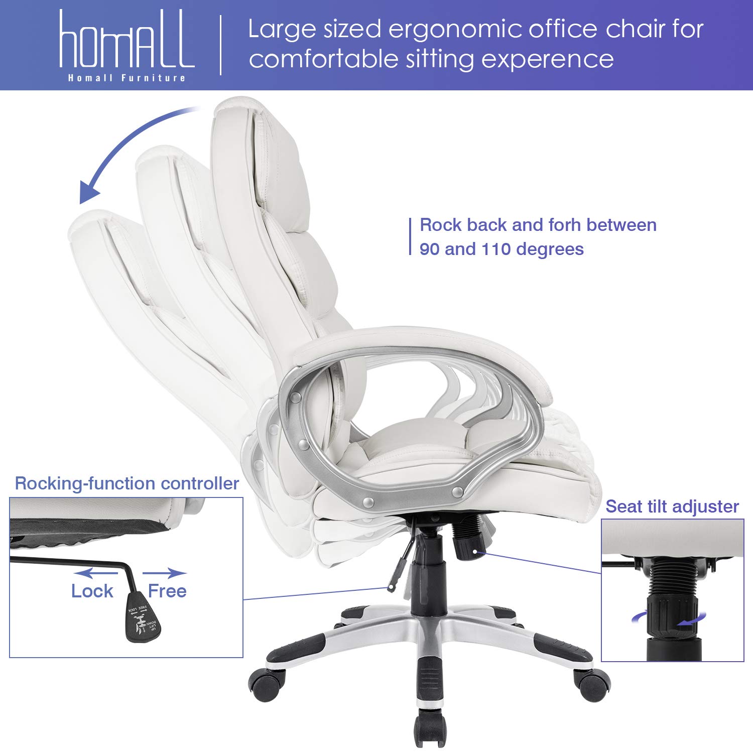 Homall Office Chair High Back Computer Chair Ergonomic Desk Chair, PU Leather Adjustable Height Modern Executive Swivel Task Chair with Padded Armrests and Lumbar Support (White)