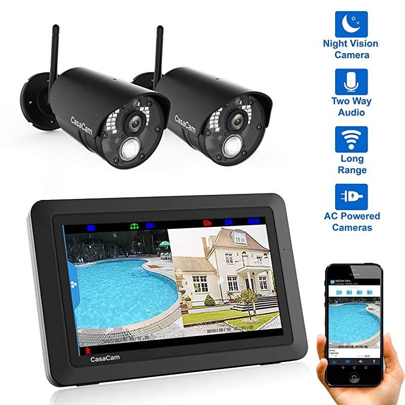 VS802 Wireless Security Camera System with 7" Touchscreen and HD Nightvision Cameras, AC Powered (2-cam kit)