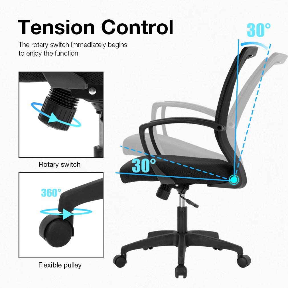 Ergonomic Office Chair Desk Computer Mesh Executive Task Rolling Gaming Swivel Modern Adjustable with Mid Back Lumbar Support Armrest for Home Women Men, Black