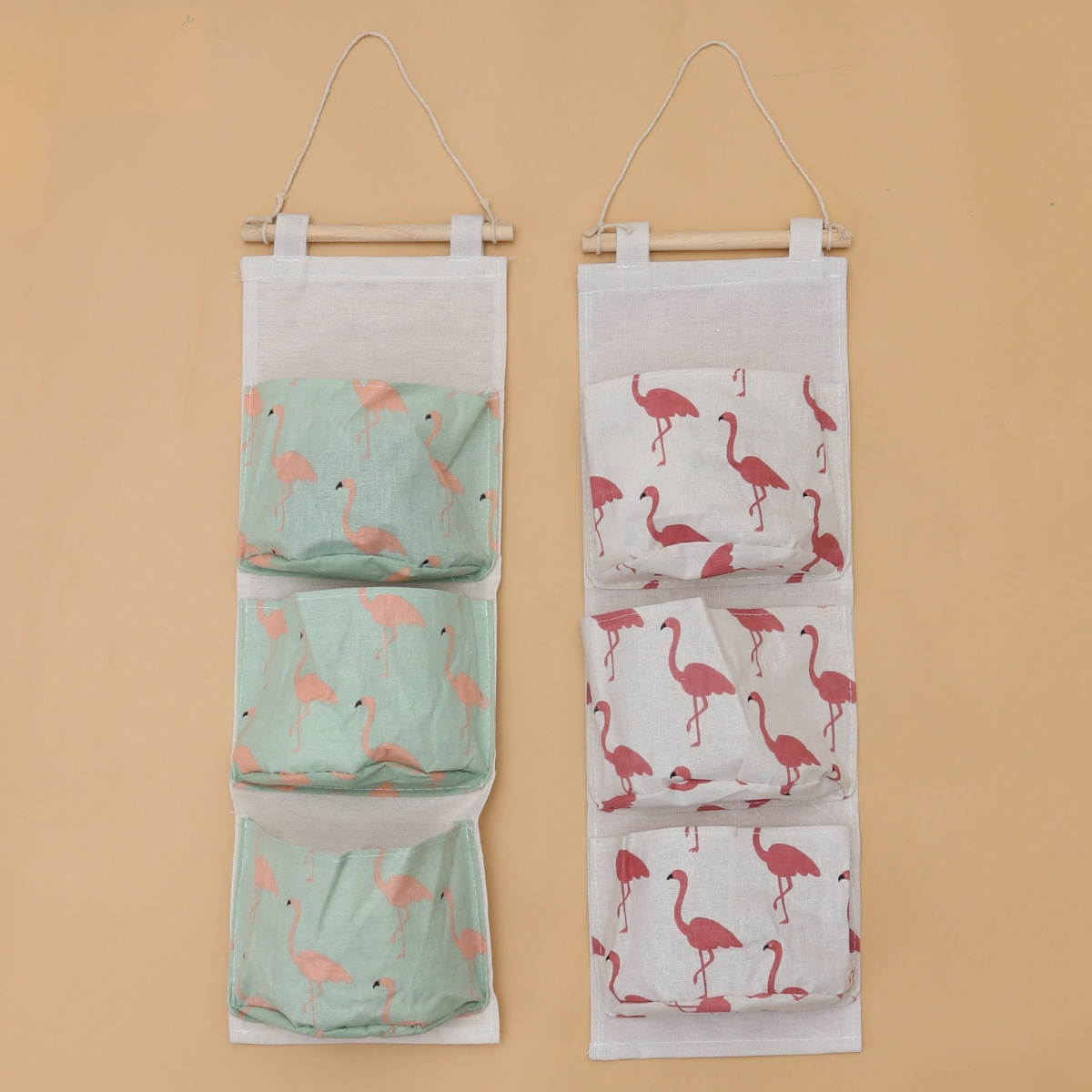 2pcs Canvas Storage Bags Hanging Bags Wall Fabric Hanging Doors Mobile Phone Bags Socks Wardrobes Dormitories Storage Box(White Flamingos and Green Flamingos)
