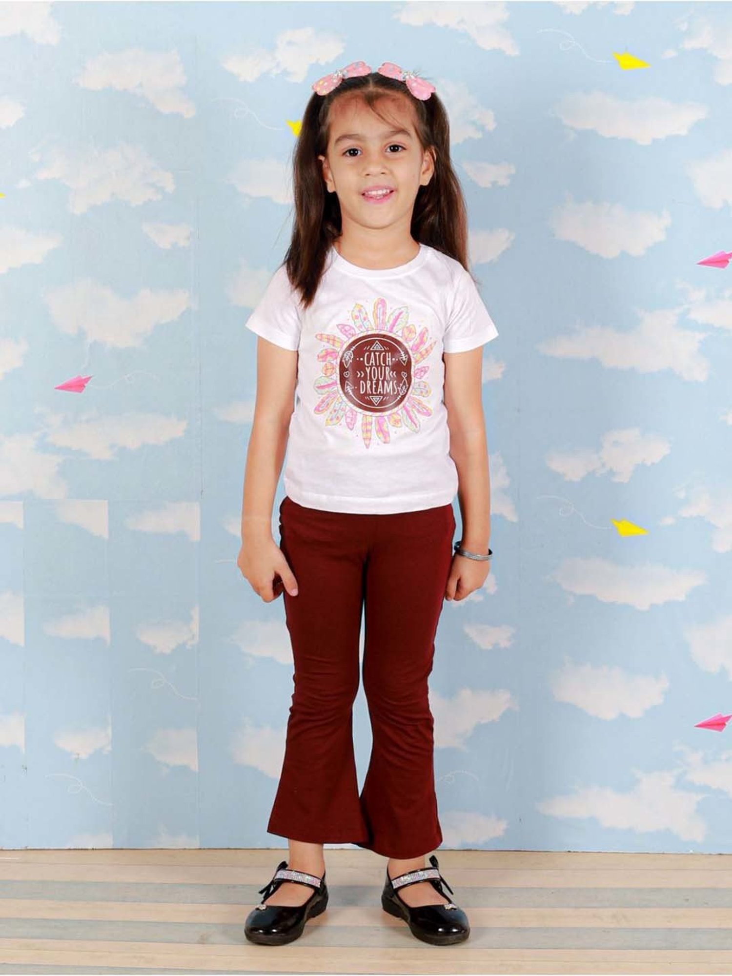 The Mom Store Kids White & Maroon Cotton Printed Top Set