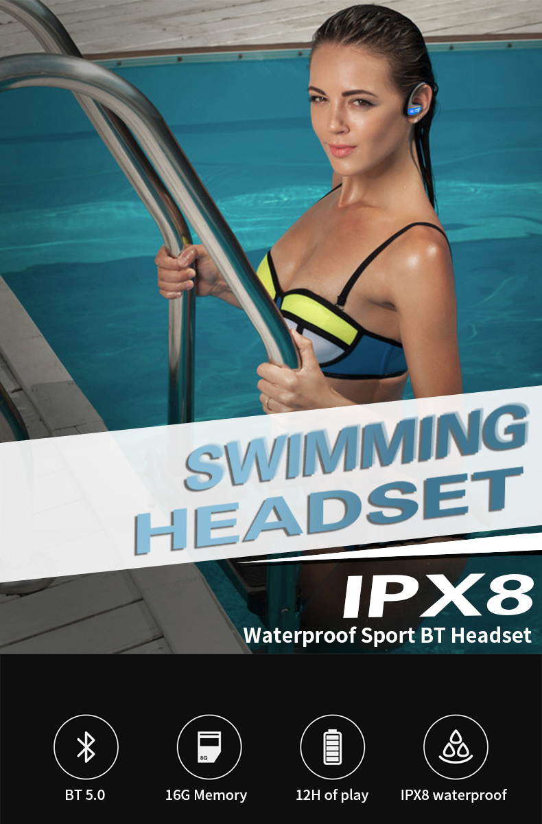 Black Ipx8 Swimming Earphone Waterproof 32GB Mp3 Player 12Hours Playing Bluetooth Headset Running Hifi Bass Wireless Earbud(Black)