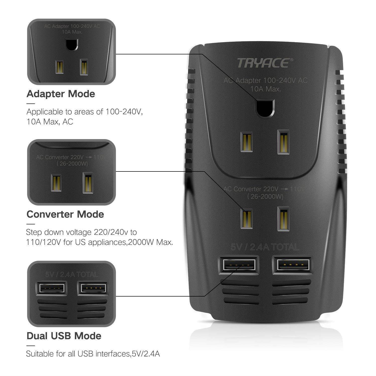 TryAce 2000W Voltage Converter with 2 USB Ports,Set Down 220V to 110V Power Converter for Hair Dryer /Straightener /Curling Iron, Travel Transformer for UK/AU/US/EU Plug Adapter(Exclusive)