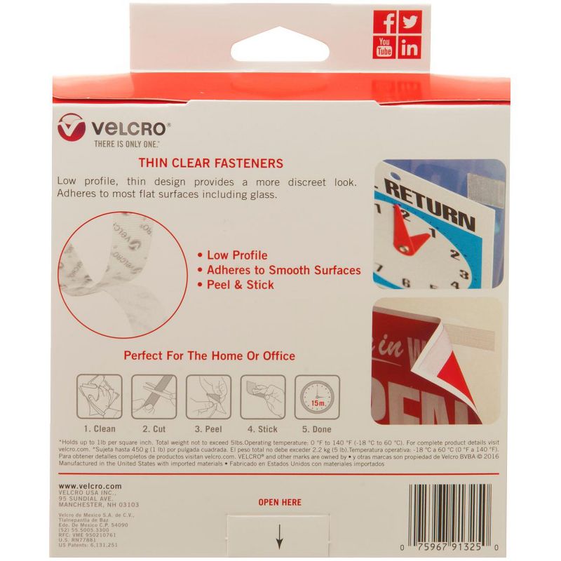 VELCRO Brand Hook and Loop Sticky Back Tape Roll, 15 Feet x 3/4 Inches, Clear