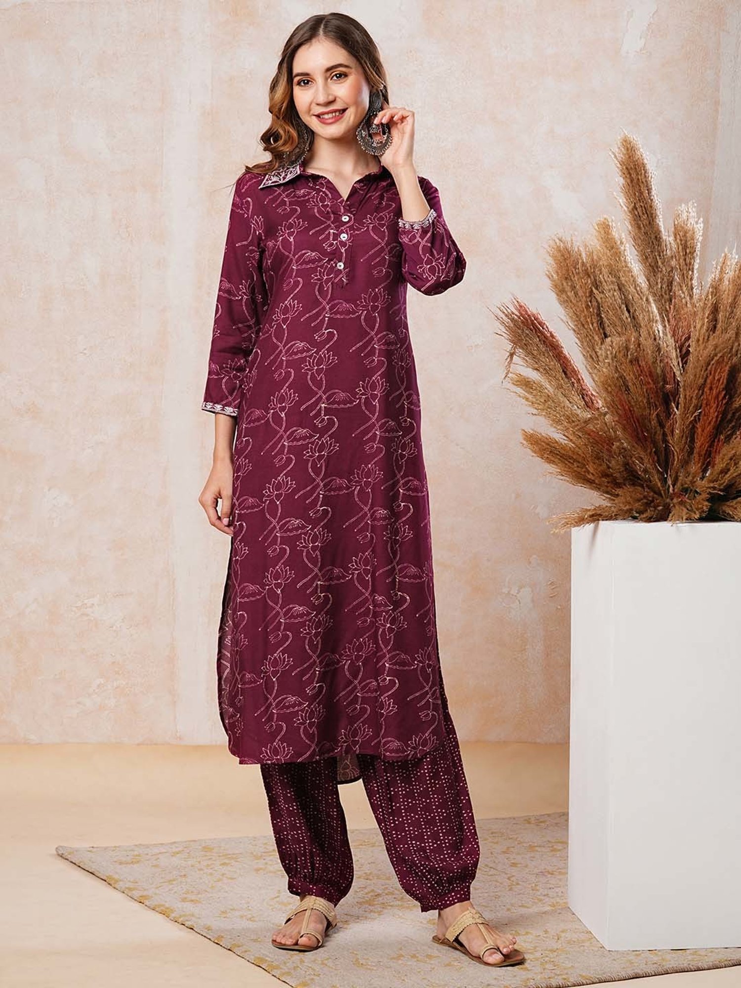 Fashor Burgundy Printed Kurta & Pants Set