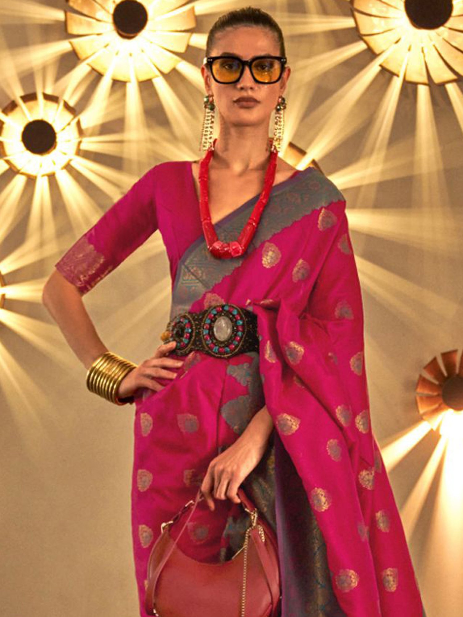 Elora Red Silk Printed Saree With Unstitched Blouse